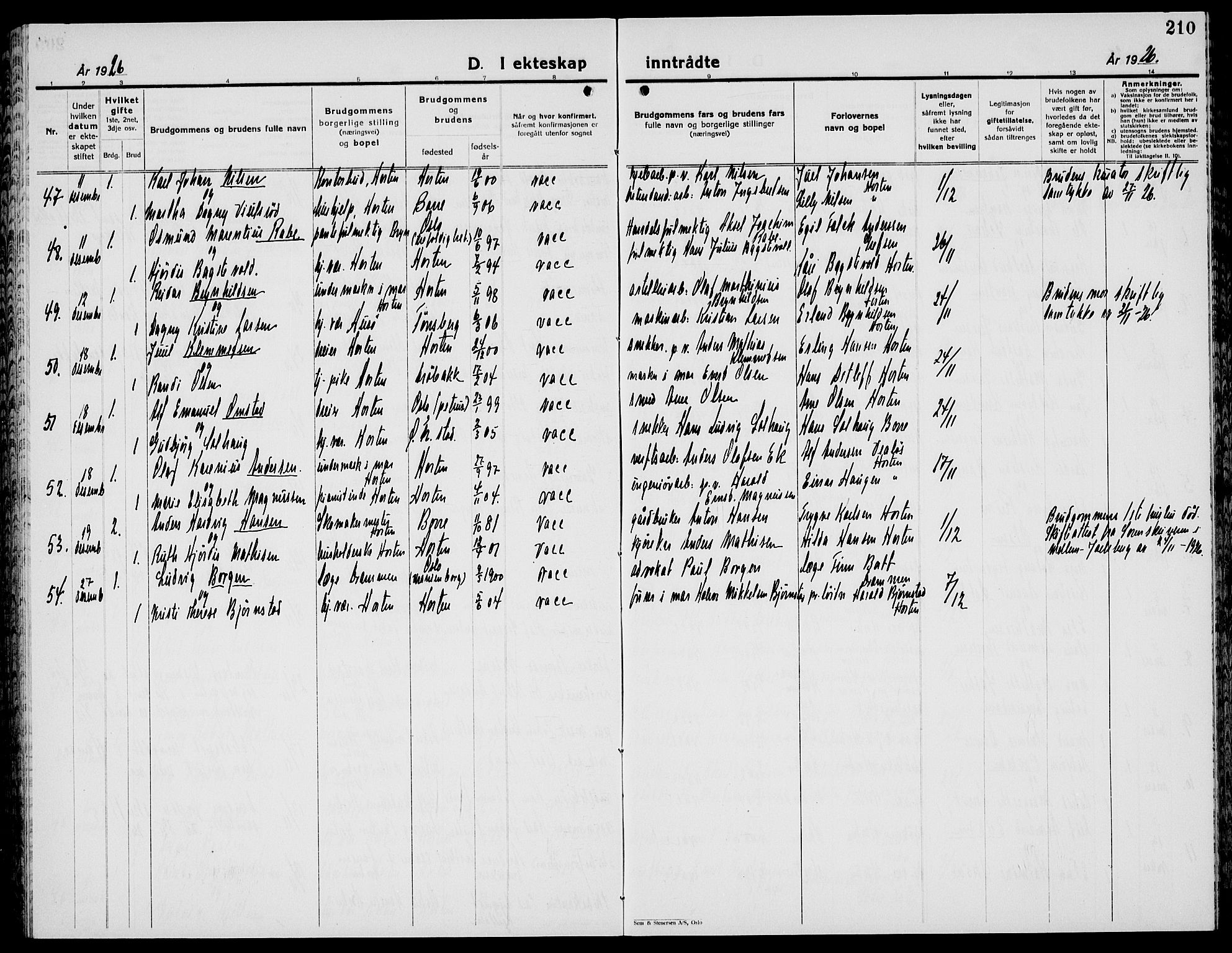 Horten kirkebøker, AV/SAKO-A-348/G/Ga/L0009: Parish register (copy) no. 9, 1926-1936, p. 210