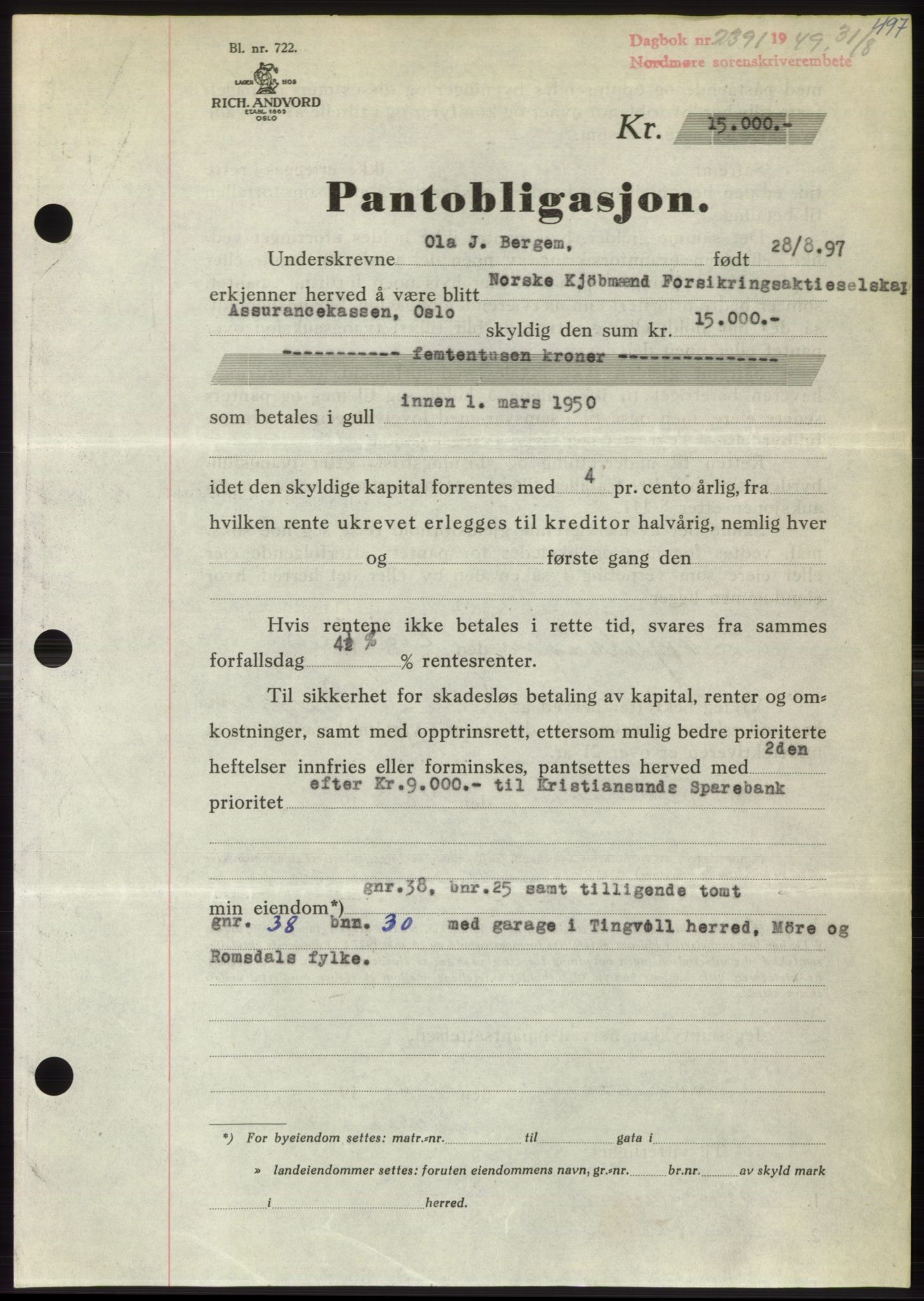 Nordmøre sorenskriveri, AV/SAT-A-4132/1/2/2Ca: Mortgage book no. B102, 1949-1949, Diary no: : 2391/1949