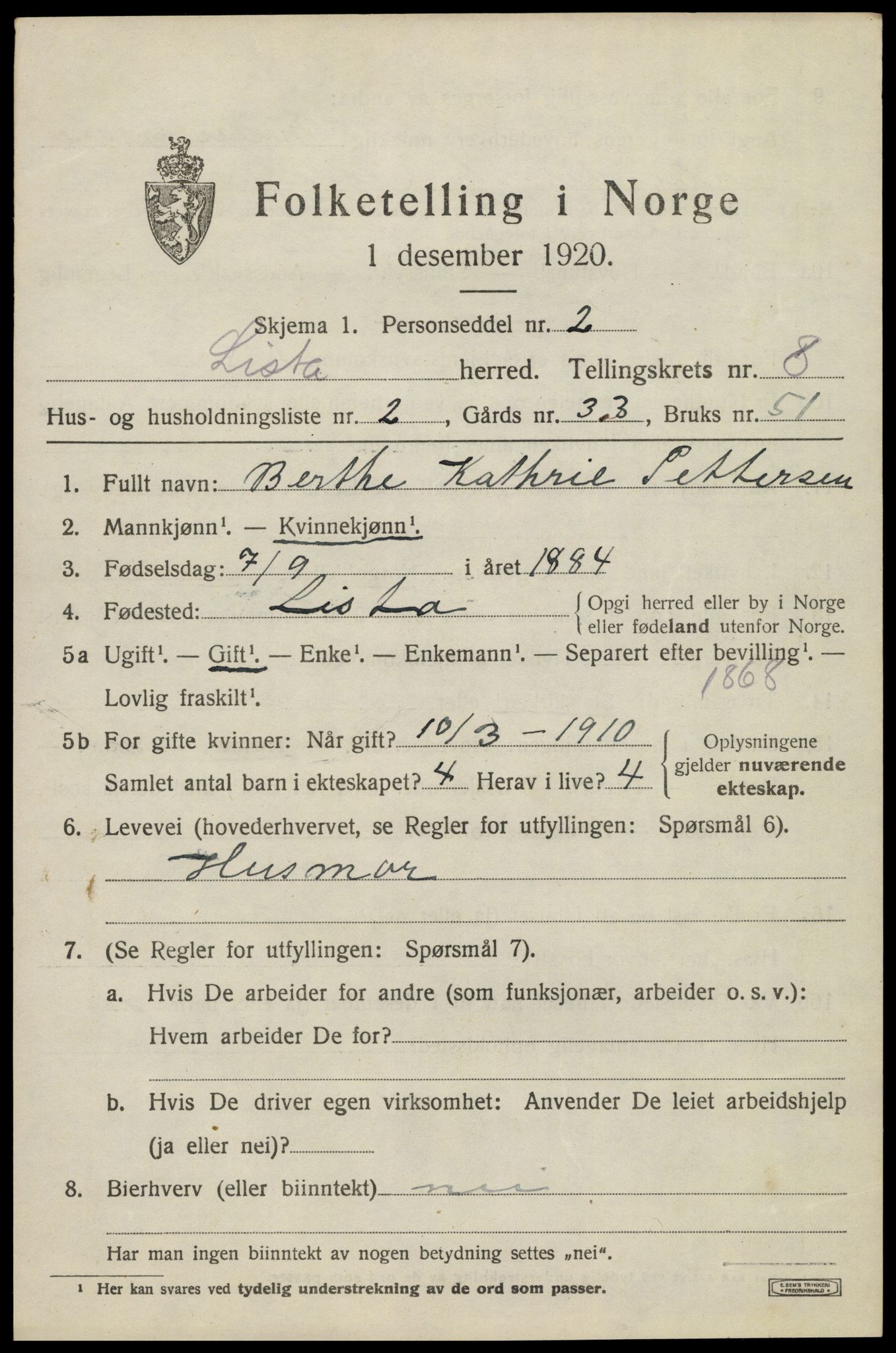 SAK, 1920 census for Lista, 1920, p. 7817