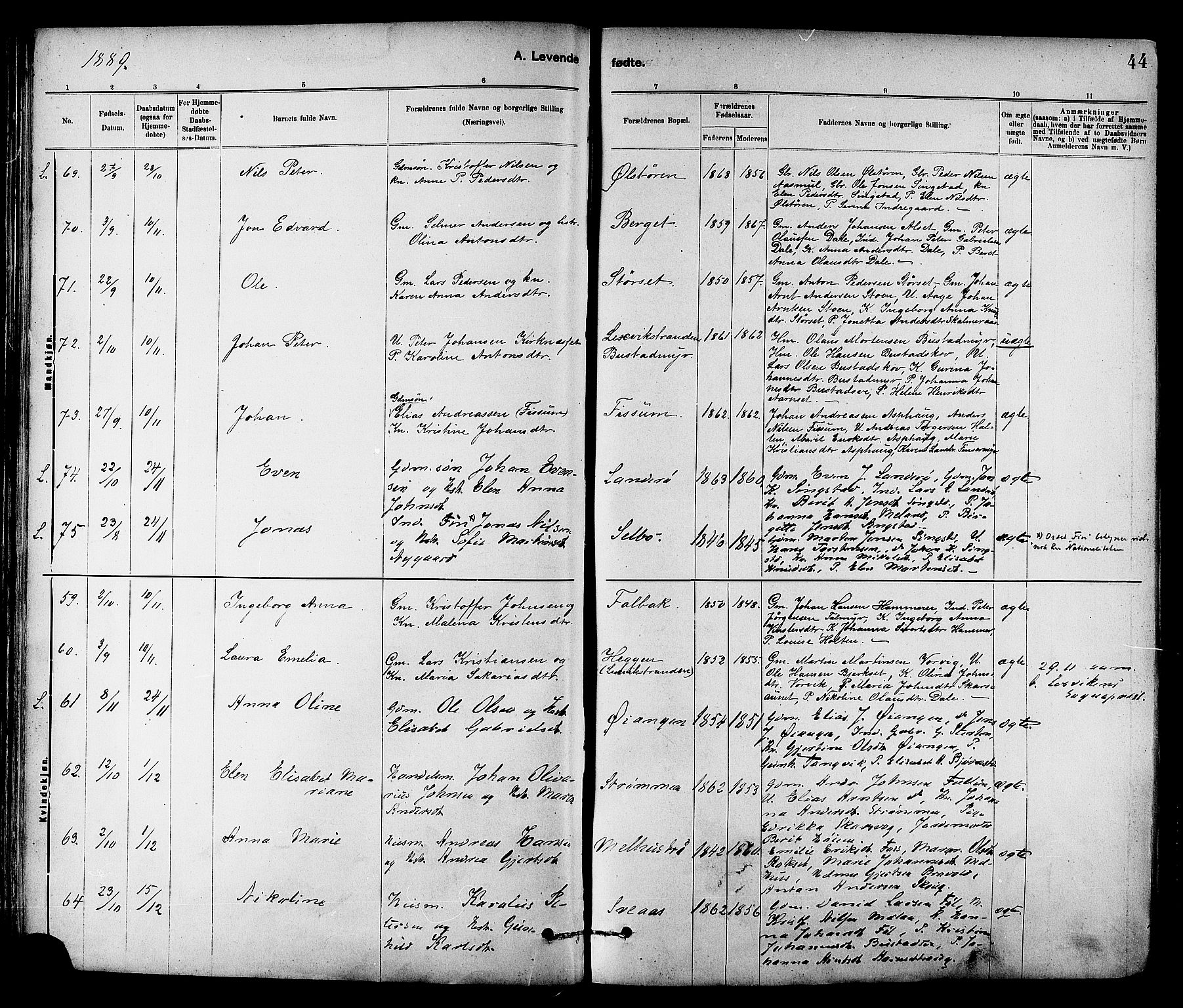 Ministerialprotokoller, klokkerbøker og fødselsregistre - Sør-Trøndelag, AV/SAT-A-1456/647/L0634: Parish register (official) no. 647A01, 1885-1896, p. 44