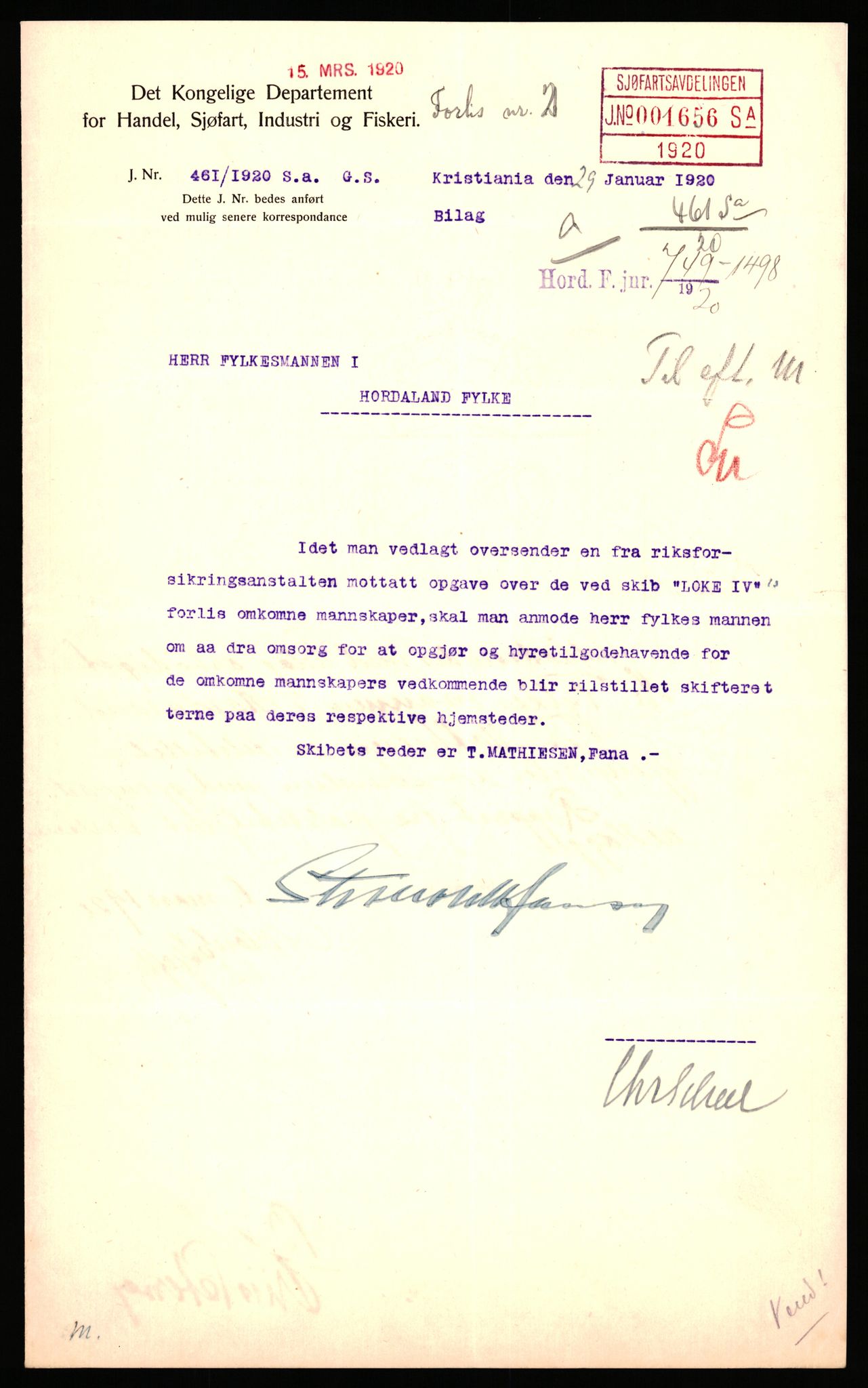 Handelsdepartementet, Sjøfartsavdelingen, 1. sjømannskontor, AV/RA-S-1405/D/Dm/L0010: Forliste skip Lar - Min, 1906-1920, p. 395