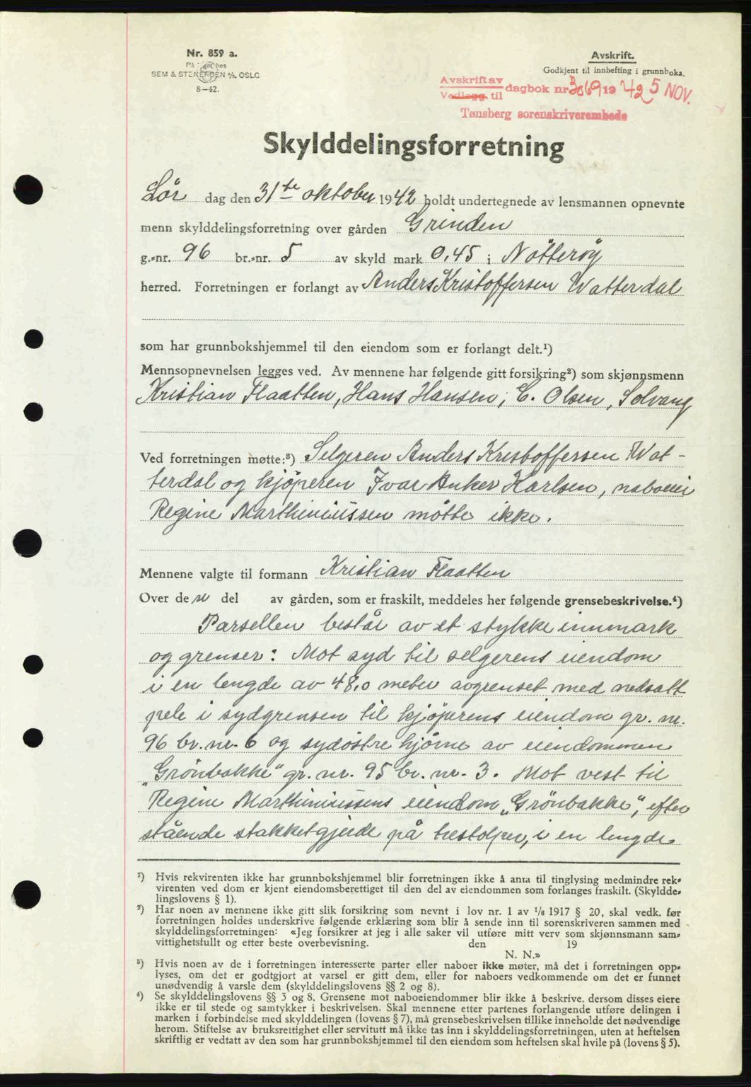 Tønsberg sorenskriveri, AV/SAKO-A-130/G/Ga/Gaa/L0012: Mortgage book no. A12, 1942-1943, Diary no: : 3069/1942