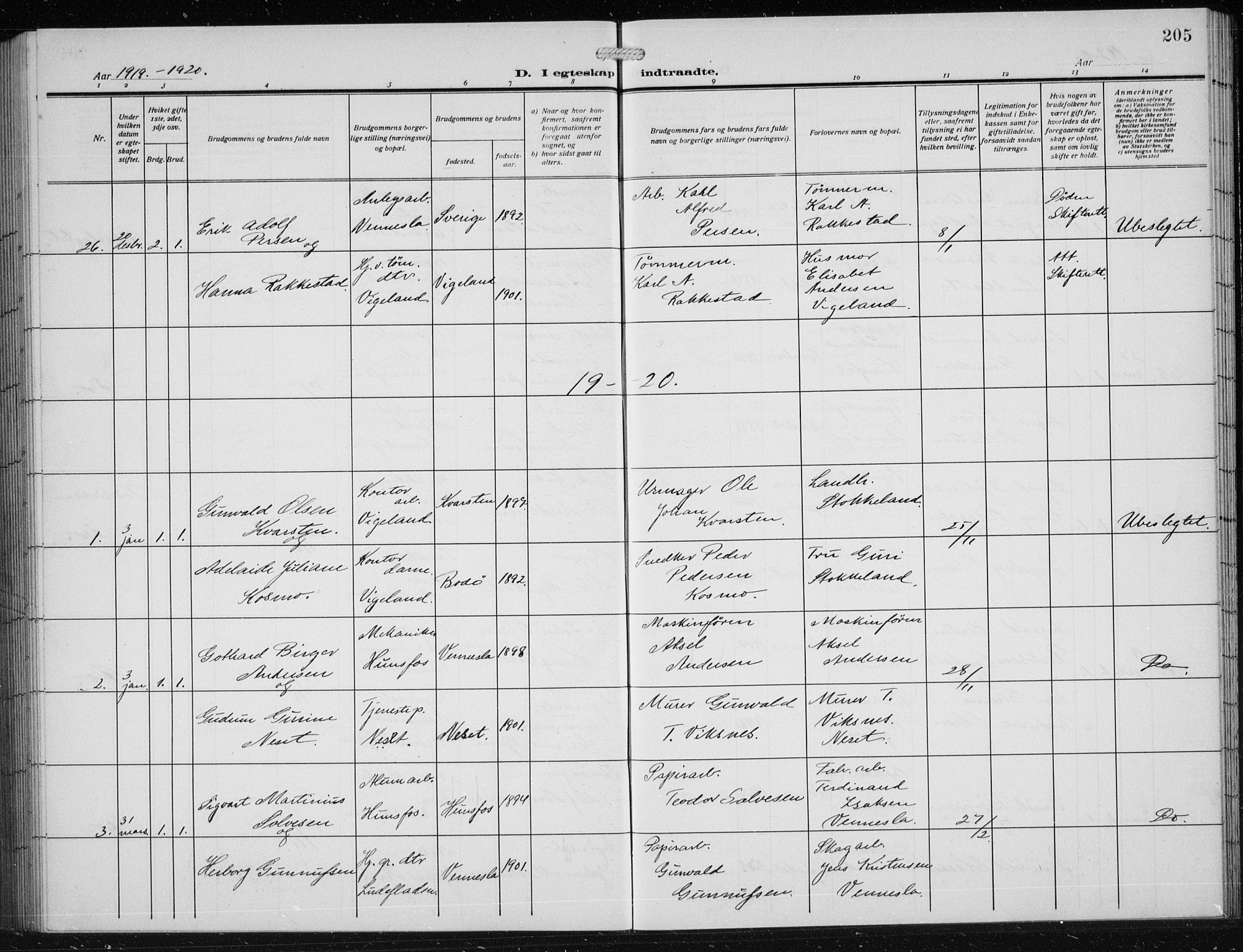 Vennesla sokneprestkontor, AV/SAK-1111-0045/Fb/Fbb/L0006: Parish register (copy) no. B 6, 1914-1921, p. 205