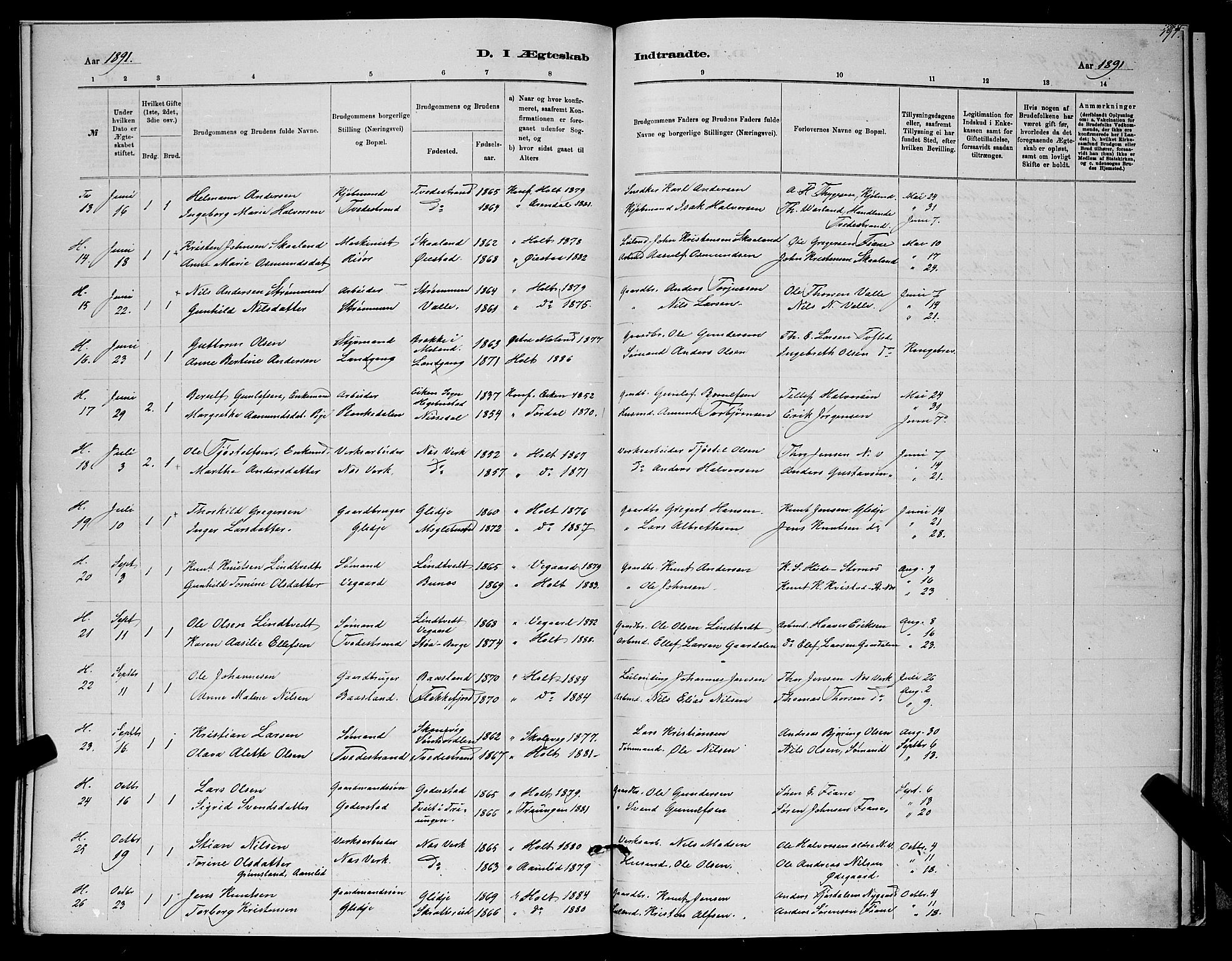 Holt sokneprestkontor, SAK/1111-0021/F/Fb/L0010: Parish register (copy) no. B 10, 1883-1896, p. 191