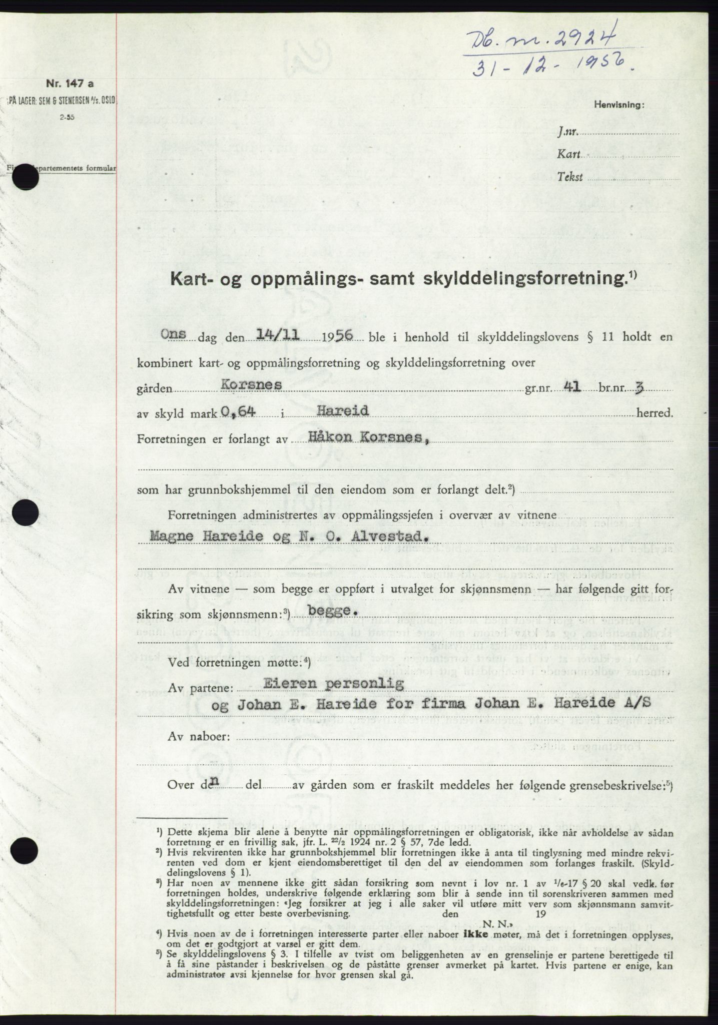 Søre Sunnmøre sorenskriveri, AV/SAT-A-4122/1/2/2C/L0105: Mortgage book no. 31A, 1956-1957, Diary no: : 2924/1956