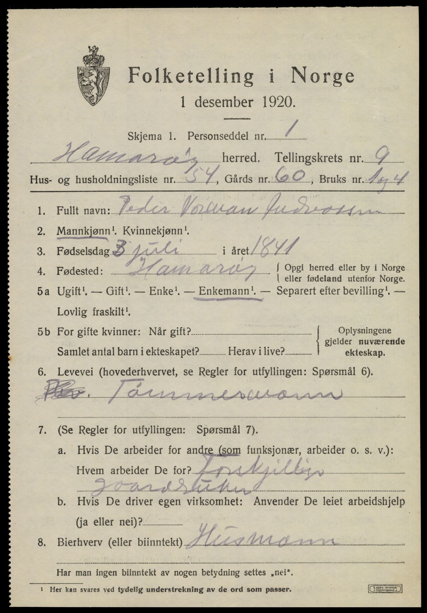 SAT, 1920 census for Hamarøy, 1920, p. 4850