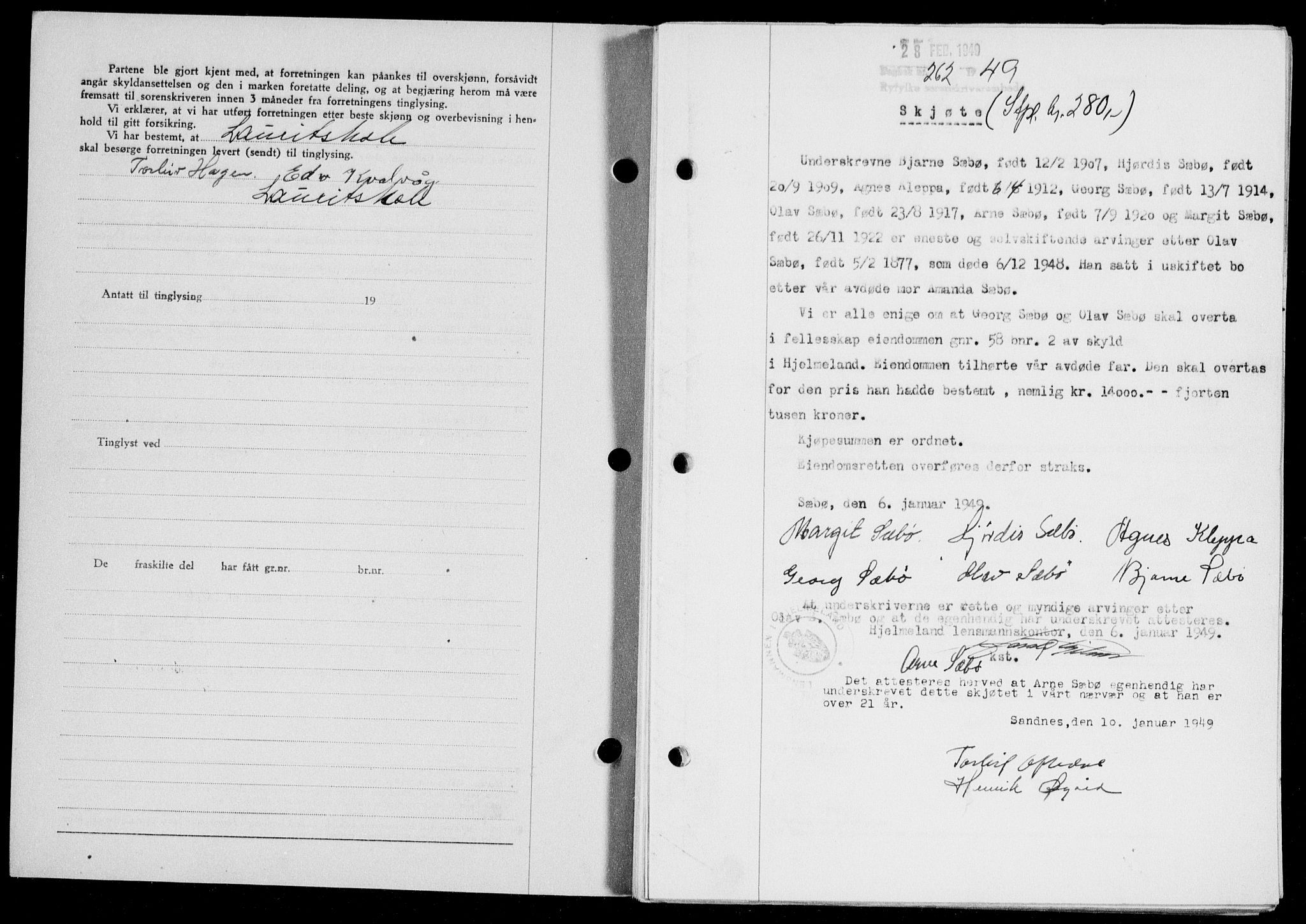 Ryfylke tingrett, AV/SAST-A-100055/001/II/IIB/L0104: Mortgage book no. 83, 1948-1949, Diary no: : 262/1949