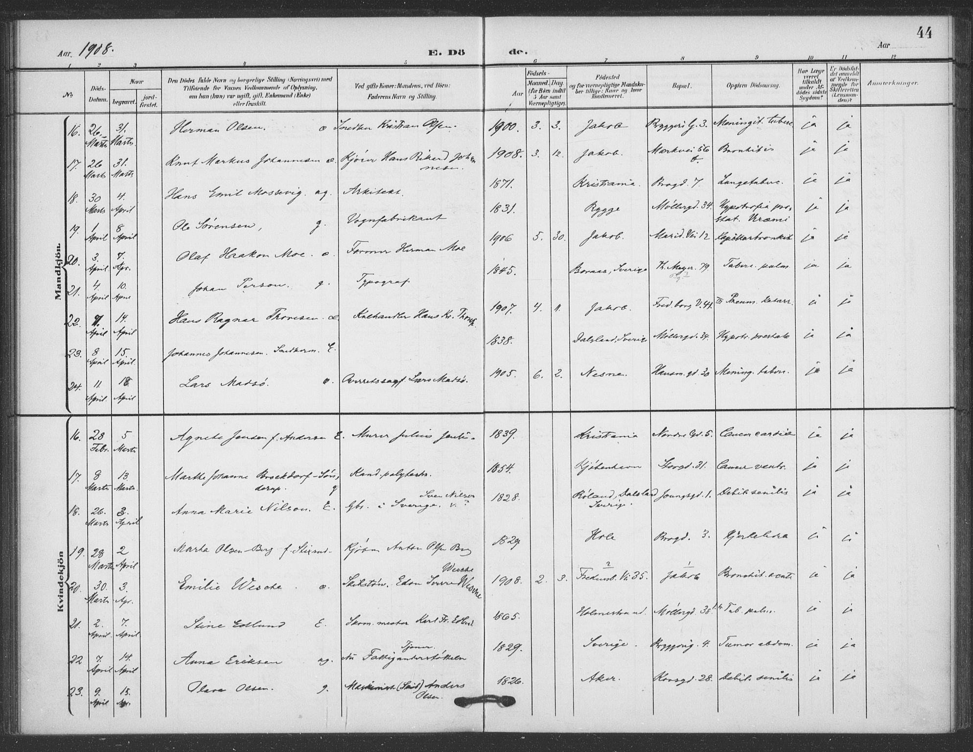 Jakob prestekontor Kirkebøker, AV/SAO-A-10850/F/Fa/L0011: Parish register (official) no. 11, 1906-1920, p. 44