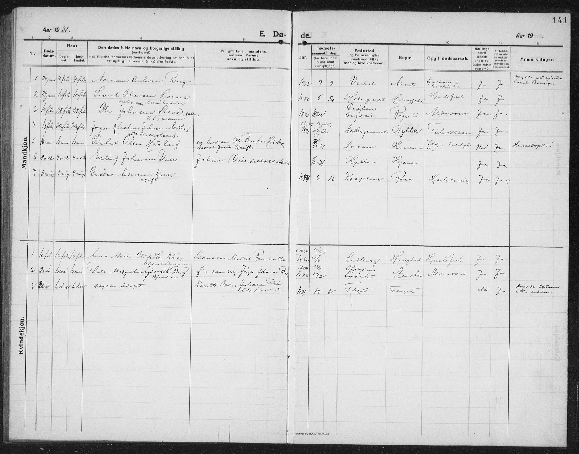 Ministerialprotokoller, klokkerbøker og fødselsregistre - Nord-Trøndelag, SAT/A-1458/731/L0312: Parish register (copy) no. 731C03, 1911-1935, p. 141