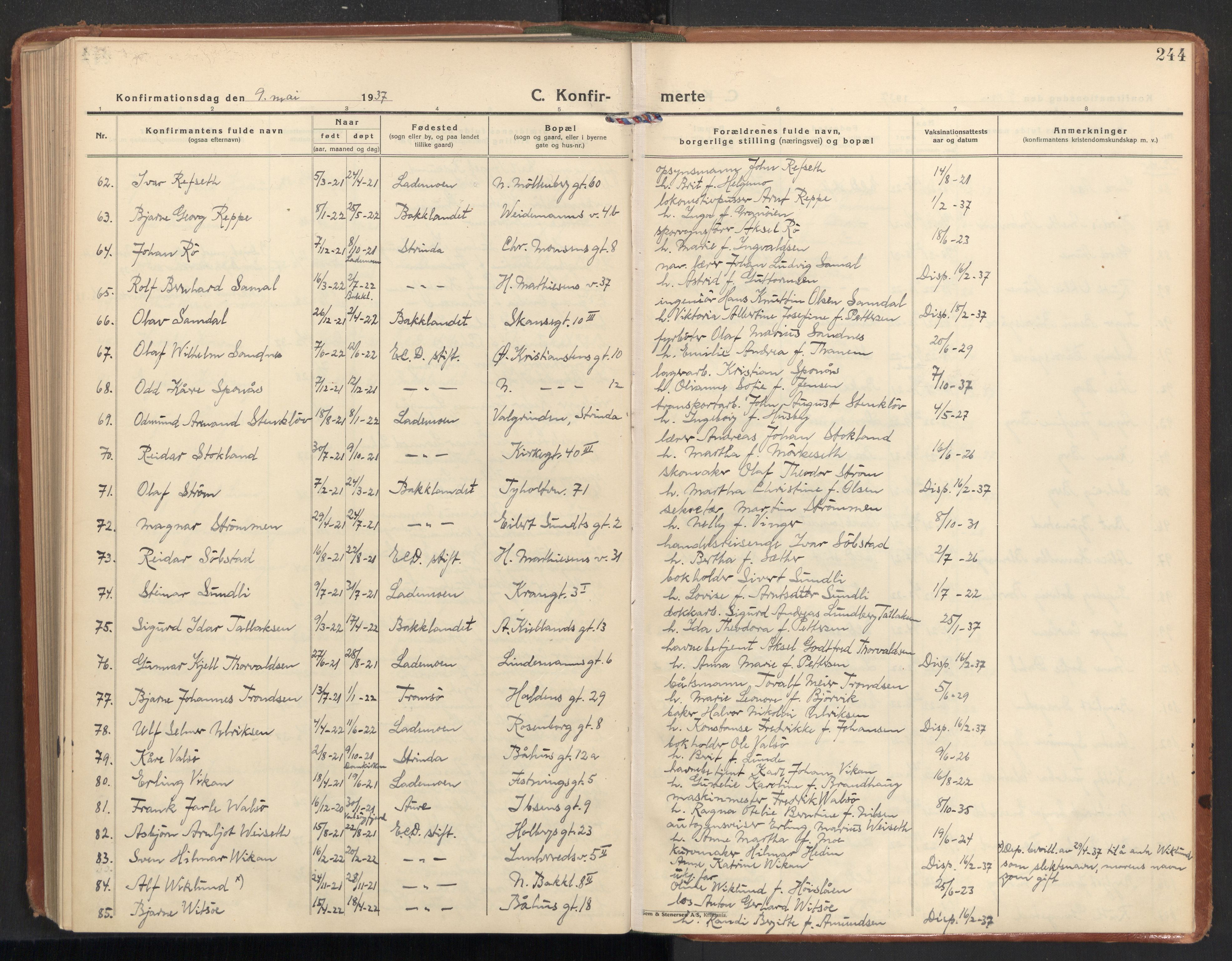 Ministerialprotokoller, klokkerbøker og fødselsregistre - Sør-Trøndelag, AV/SAT-A-1456/604/L0208: Parish register (official) no. 604A28, 1923-1937, p. 244