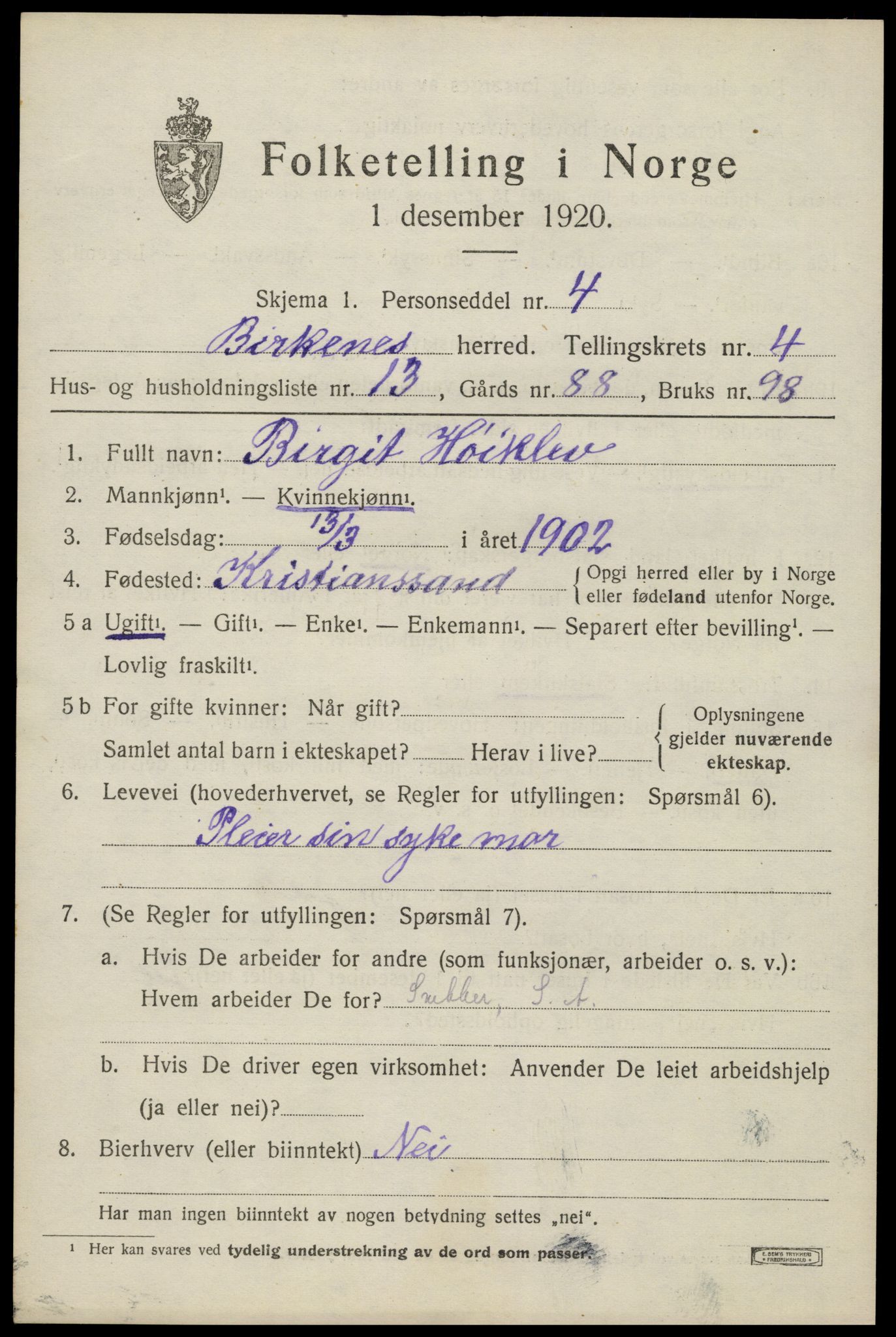 SAK, 1920 census for Birkenes, 1920, p. 1925