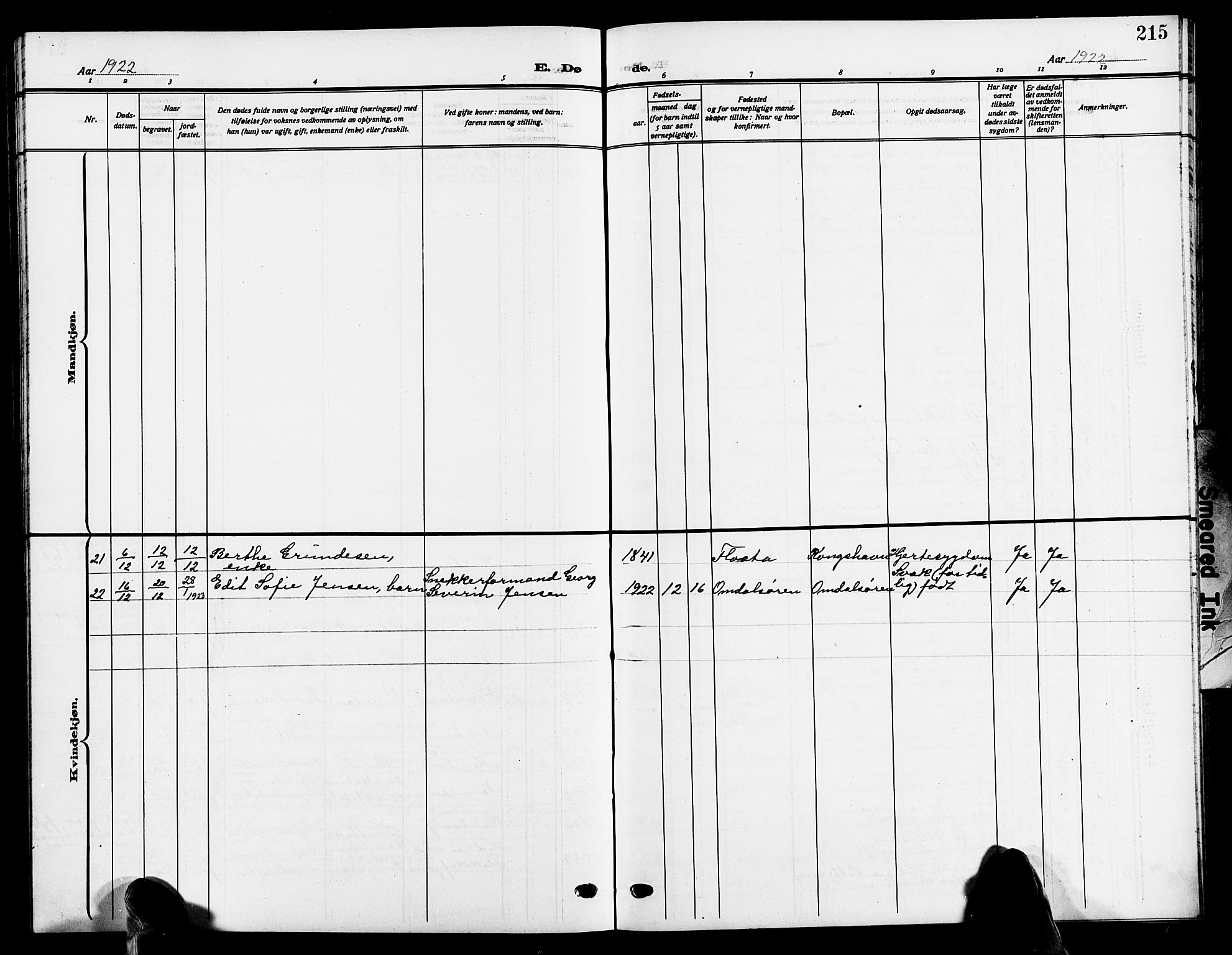 Tromøy sokneprestkontor, AV/SAK-1111-0041/F/Fb/L0007: Parish register (copy) no. B 7, 1908-1925, p. 215