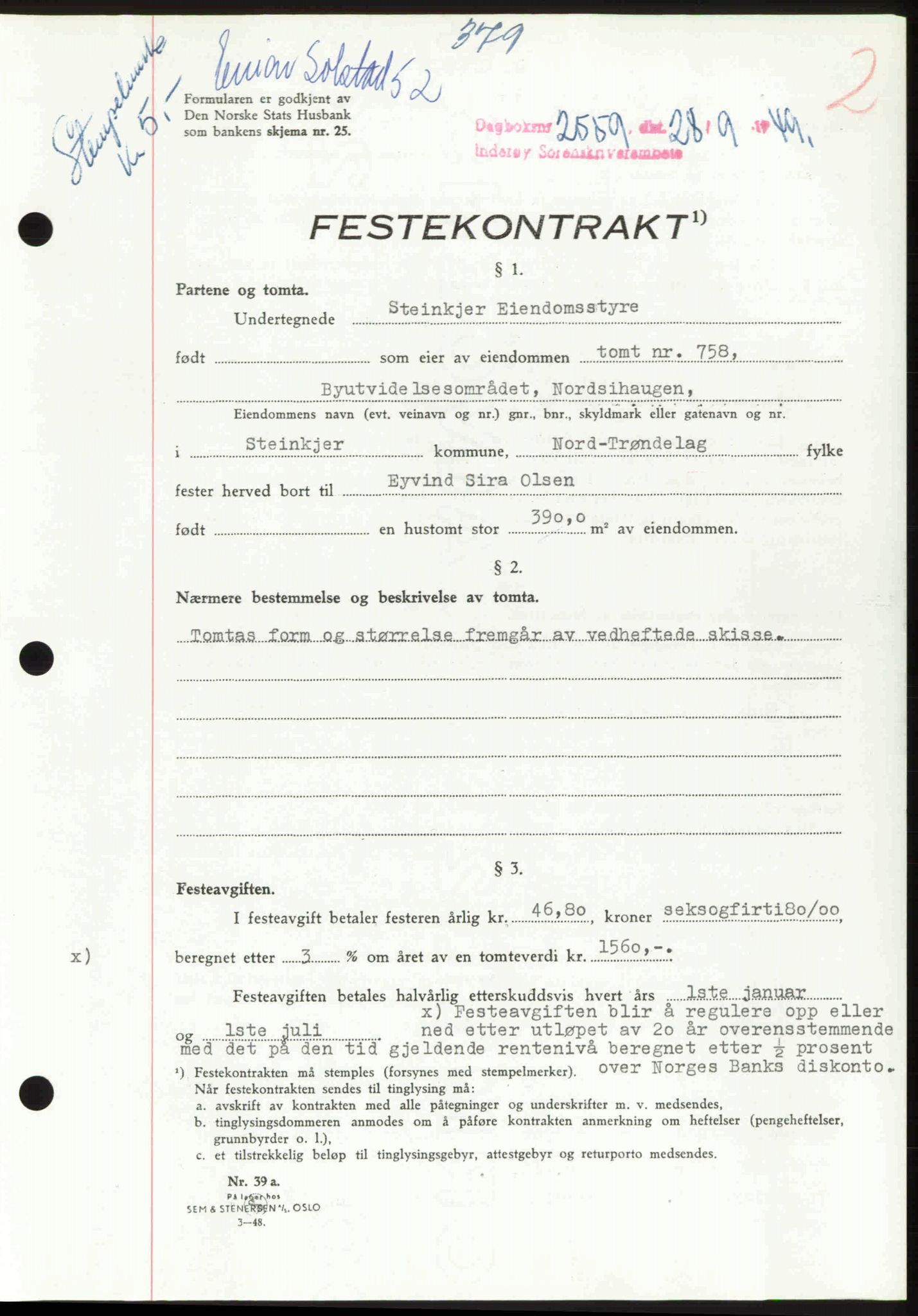 Inderøy sorenskriveri, AV/SAT-A-4147/1/2/2C: Mortgage book no. A 21, 1949-1949, Diary no: : 2559/1949