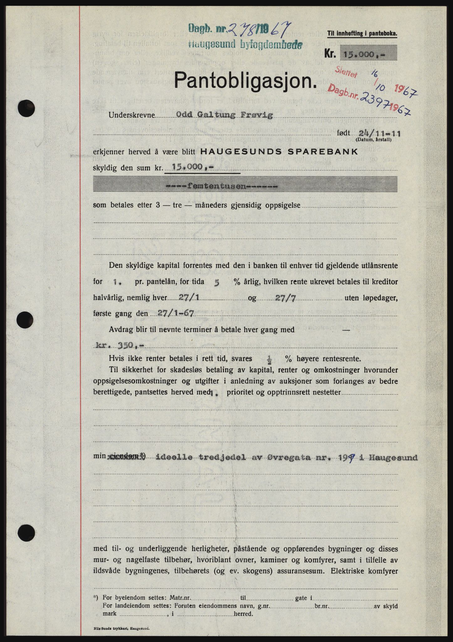 Haugesund tingrett, SAST/A-101415/01/II/IIC/L0056: Mortgage book no. B 56, 1966-1967, Diary no: : 278/1967