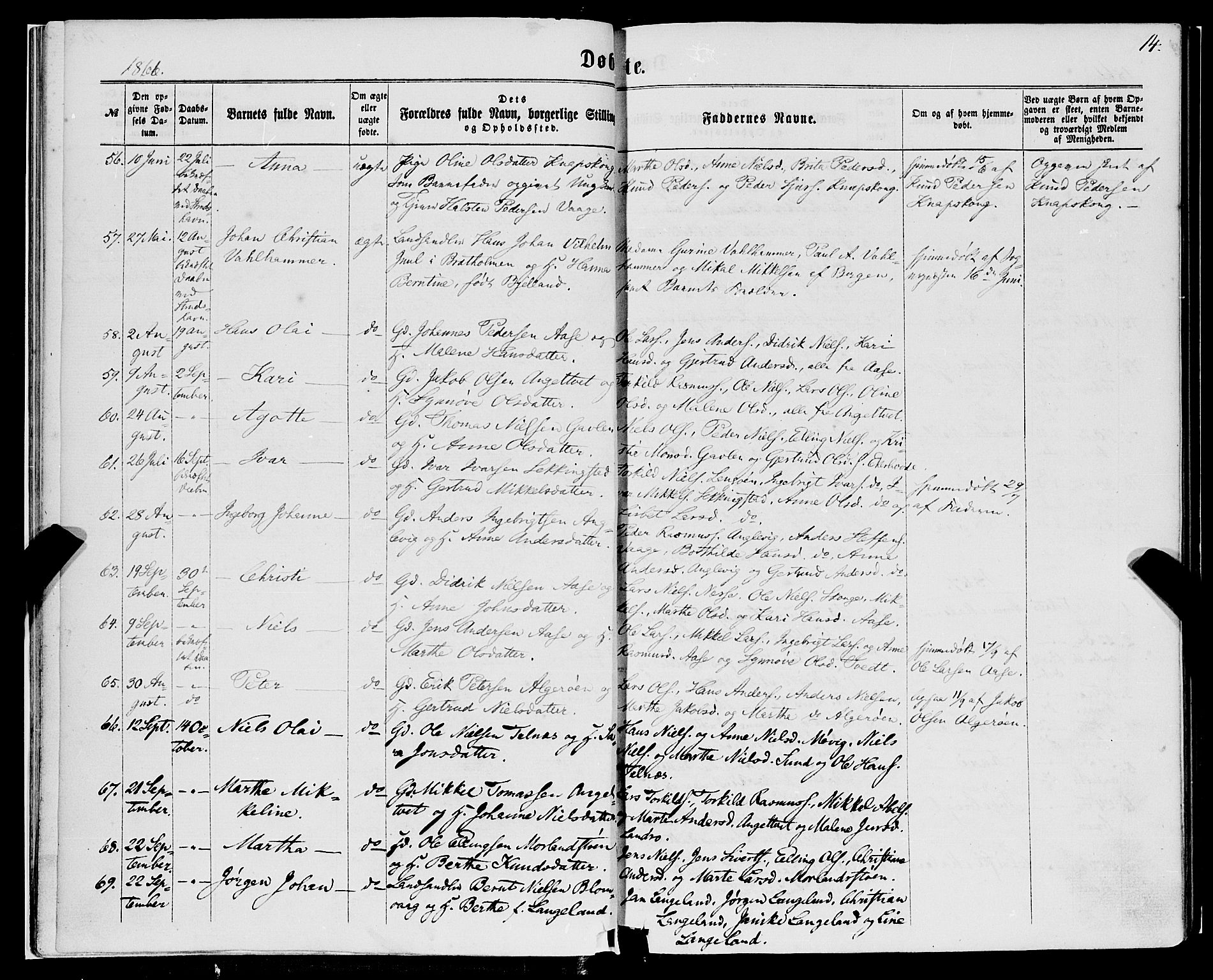 Fjell sokneprestembete, SAB/A-75301/H/Haa: Parish register (official) no. A 3, 1864-1877, p. 14