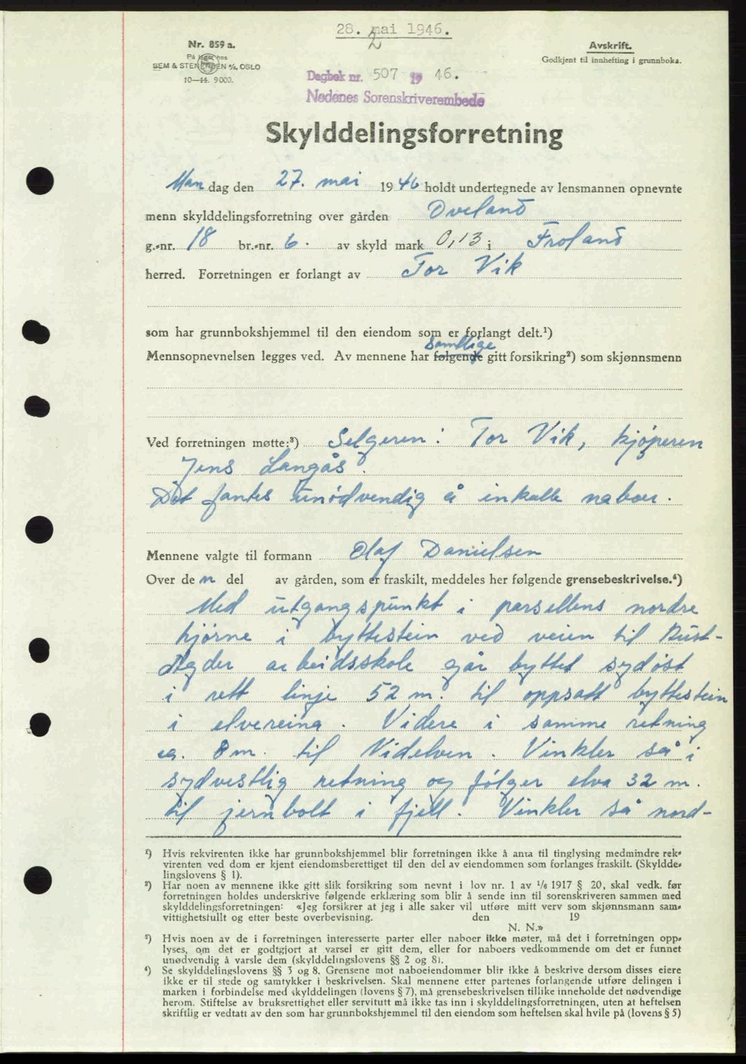 Nedenes sorenskriveri, SAK/1221-0006/G/Gb/Gba/L0054: Mortgage book no. A6c, 1946-1946, Diary no: : 507/1946