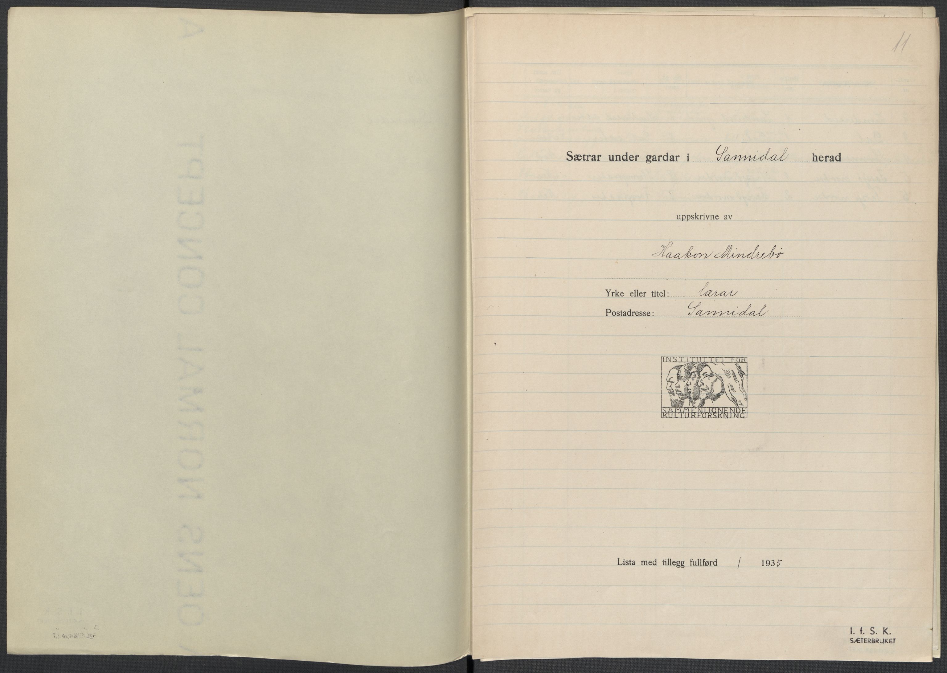 Instituttet for sammenlignende kulturforskning, AV/RA-PA-0424/F/Fc/L0007/0001: Eske B7: / Telemark (perm XVI), 1934-1936, p. 11