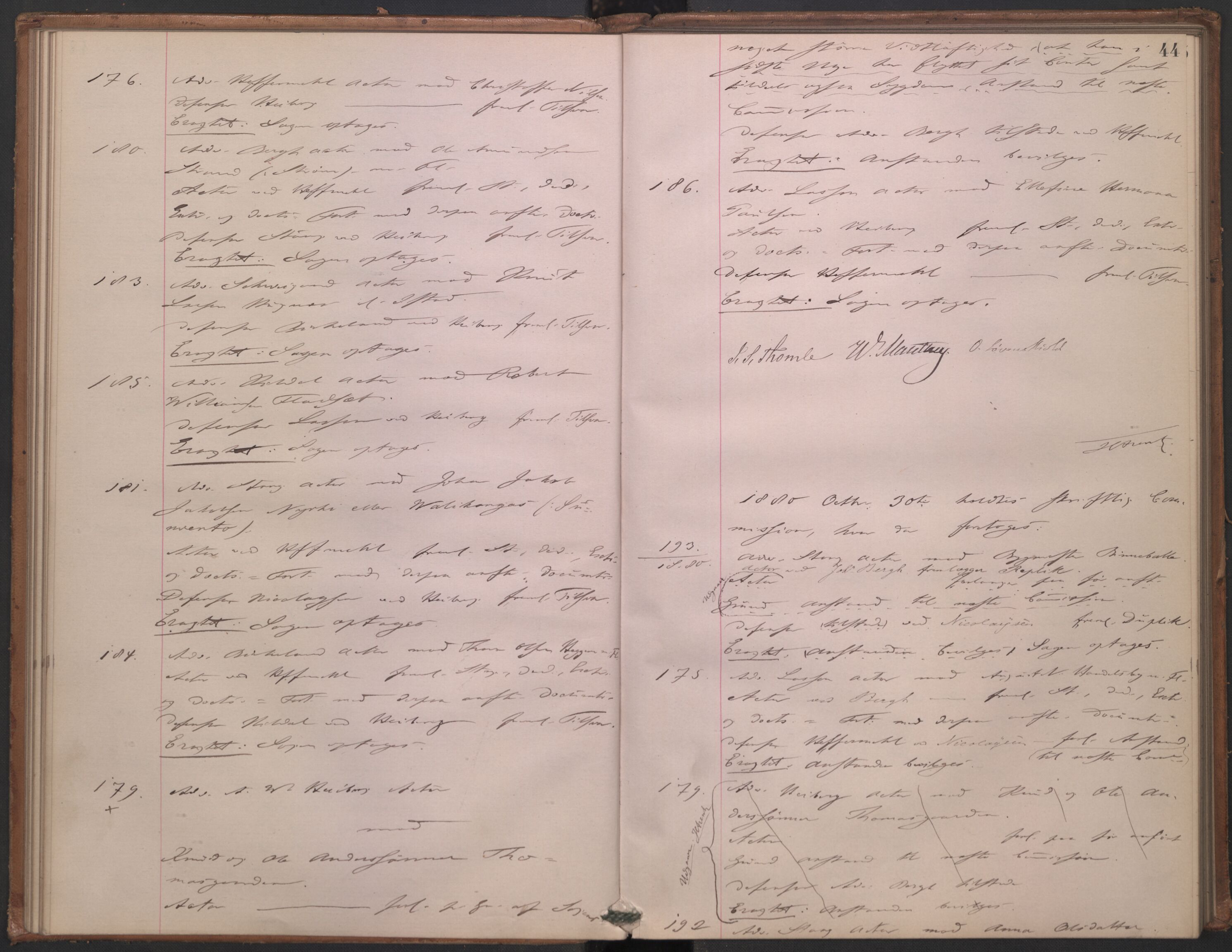 Høyesterett, AV/RA-S-1002/E/Ef/L0014: Protokoll over saker som gikk til skriftlig behandling, 1879-1884, p. 43b-44a