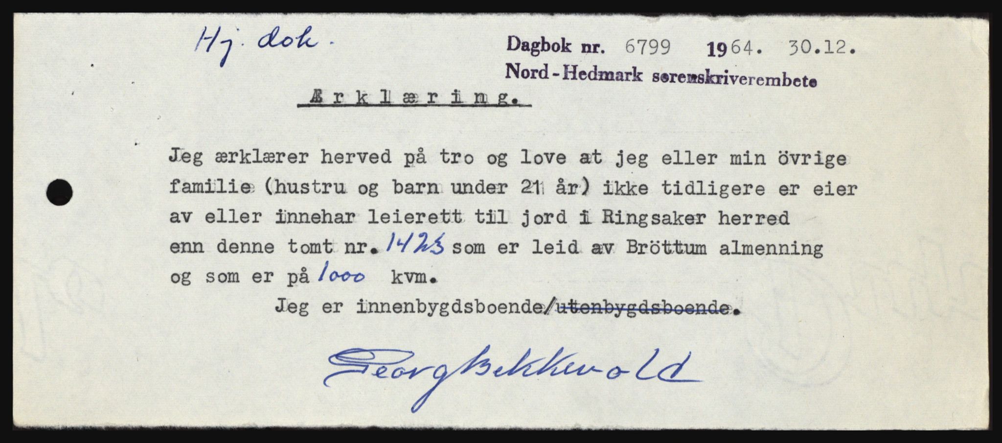 Nord-Hedmark sorenskriveri, SAH/TING-012/H/Hc/L0021: Mortgage book no. 21, 1964-1965, Diary no: : 6799/1964