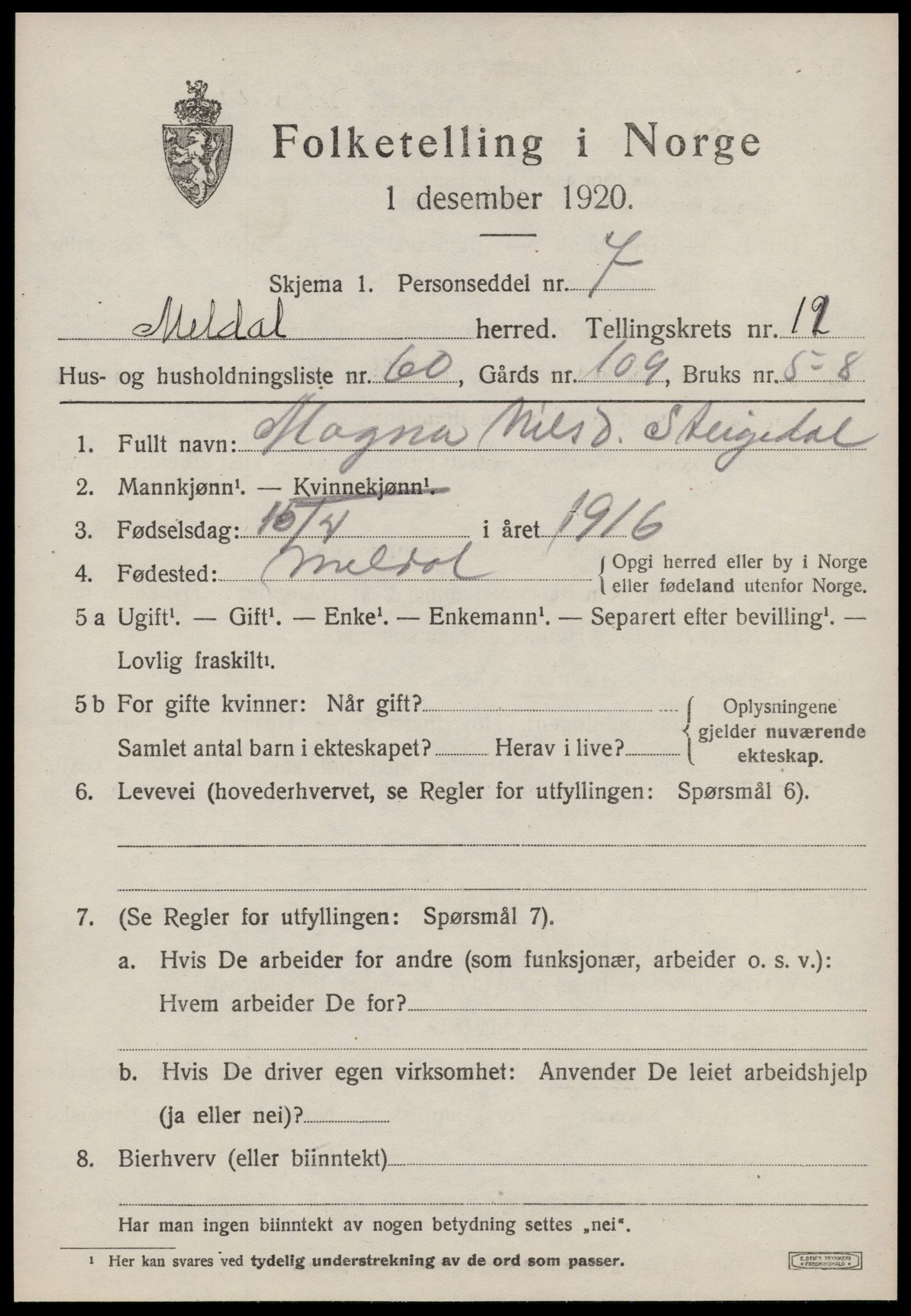 SAT, 1920 census for Meldal, 1920, p. 9125