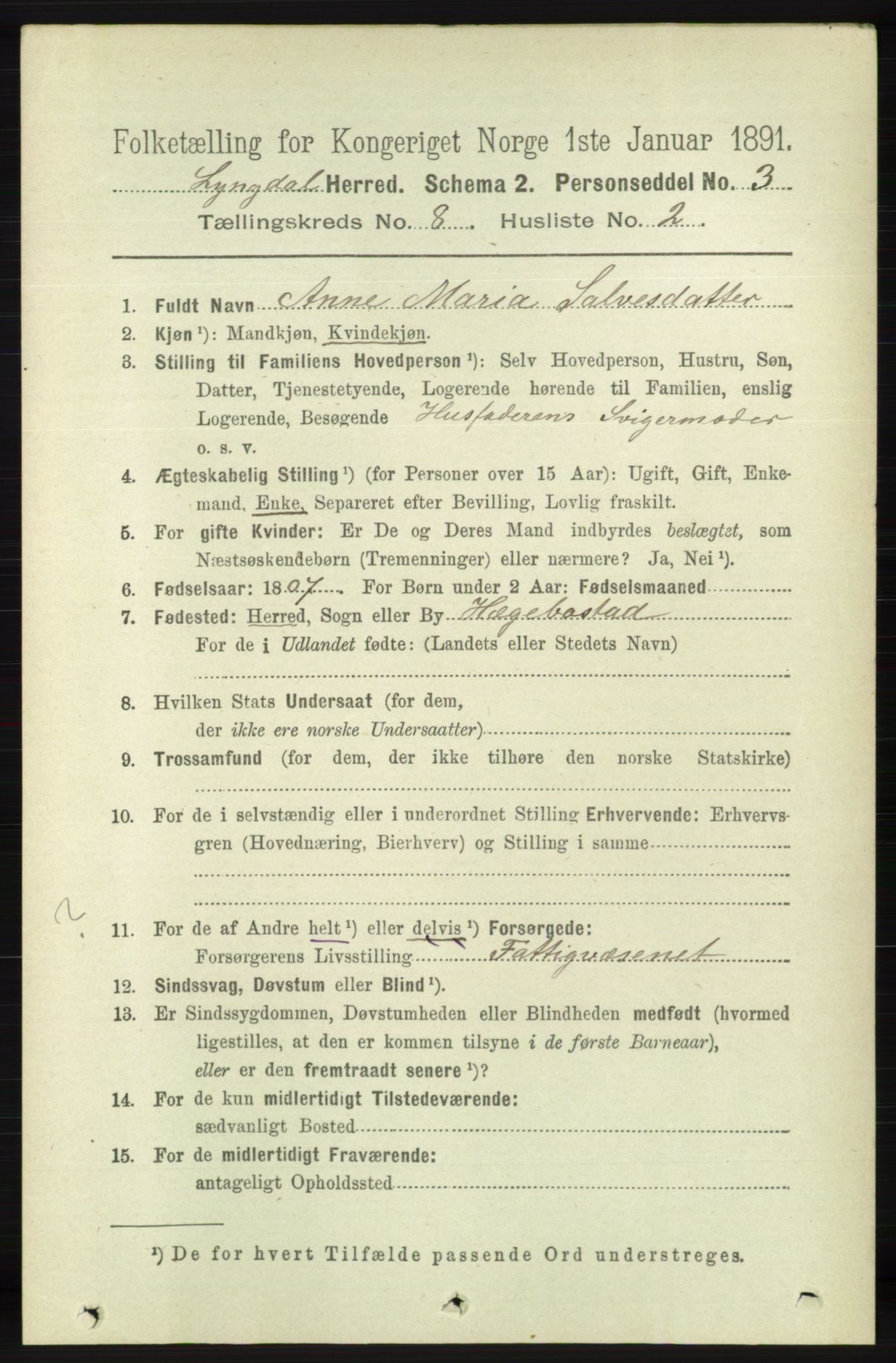 RA, 1891 census for 1032 Lyngdal, 1891, p. 3381