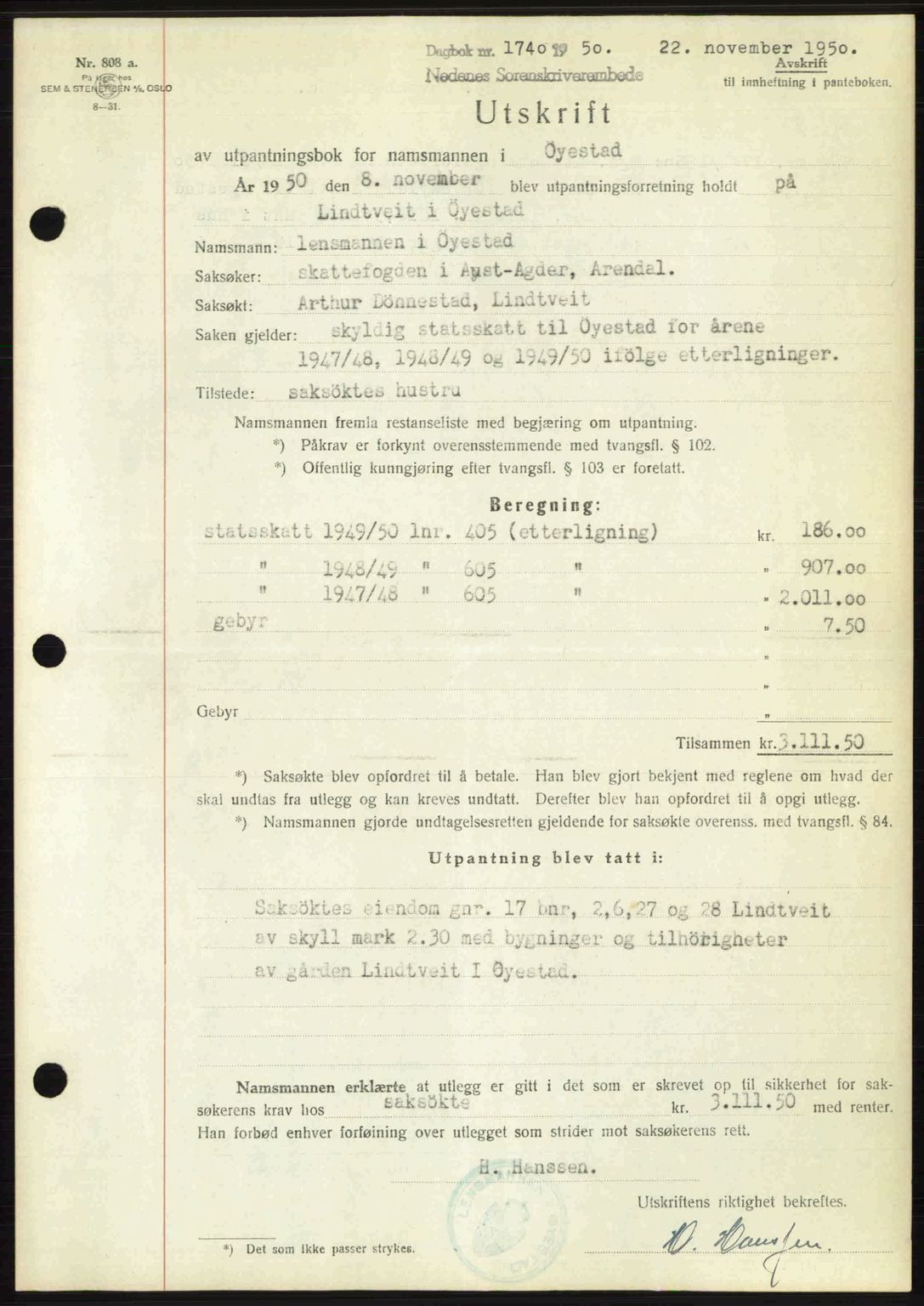 Nedenes sorenskriveri, SAK/1221-0006/G/Gb/Gba/L0063: Mortgage book no. A15, 1950-1950, Diary no: : 1740/1950