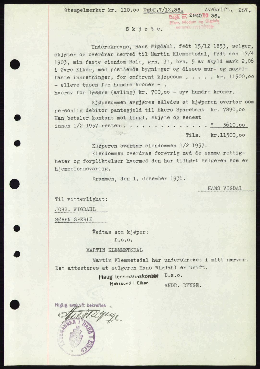 Eiker, Modum og Sigdal sorenskriveri, SAKO/A-123/G/Ga/Gab/L0034: Mortgage book no. A4, 1936-1937, Diary no: : 2940/1936