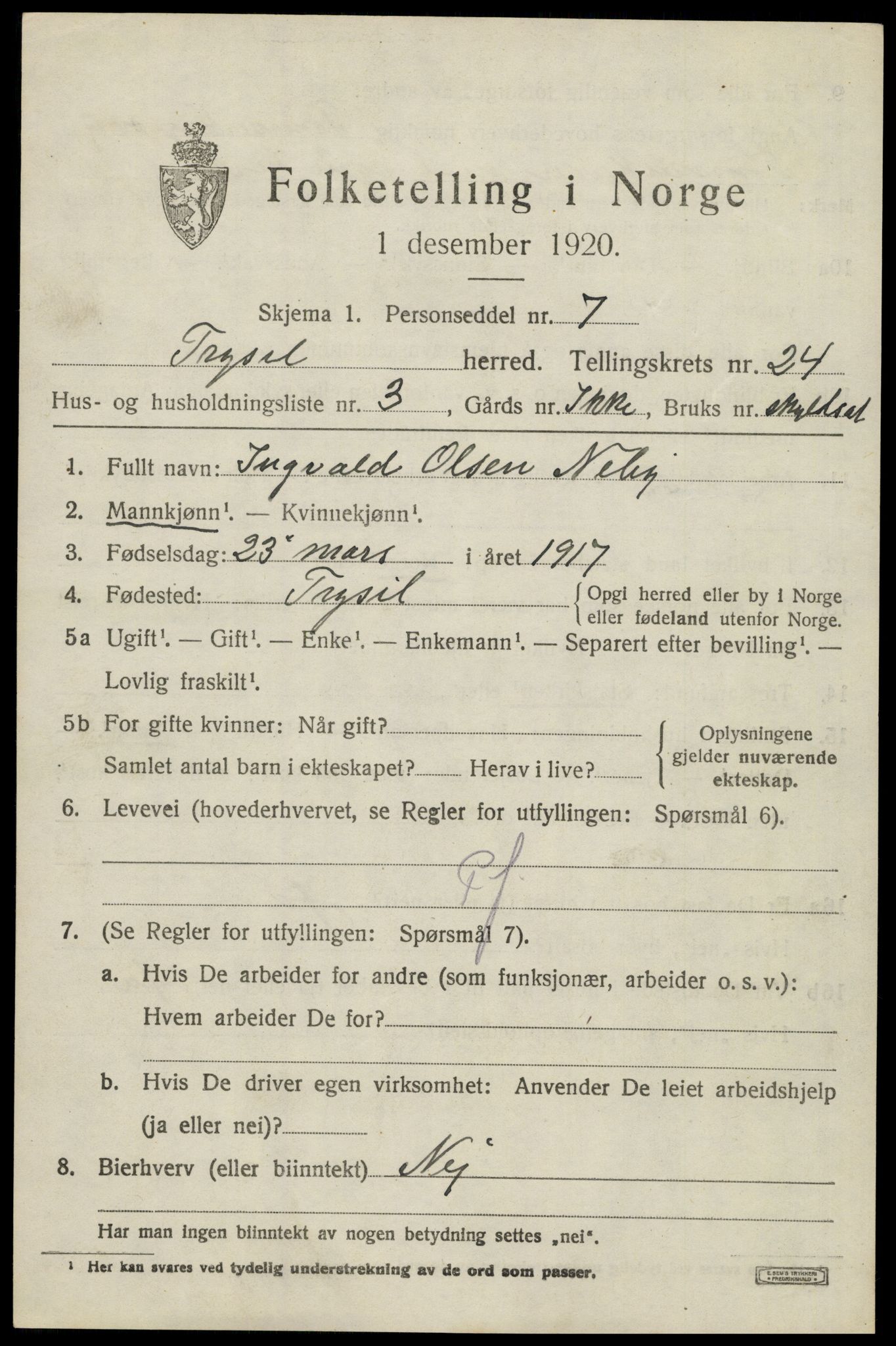 SAH, 1920 census for Trysil, 1920, p. 15245