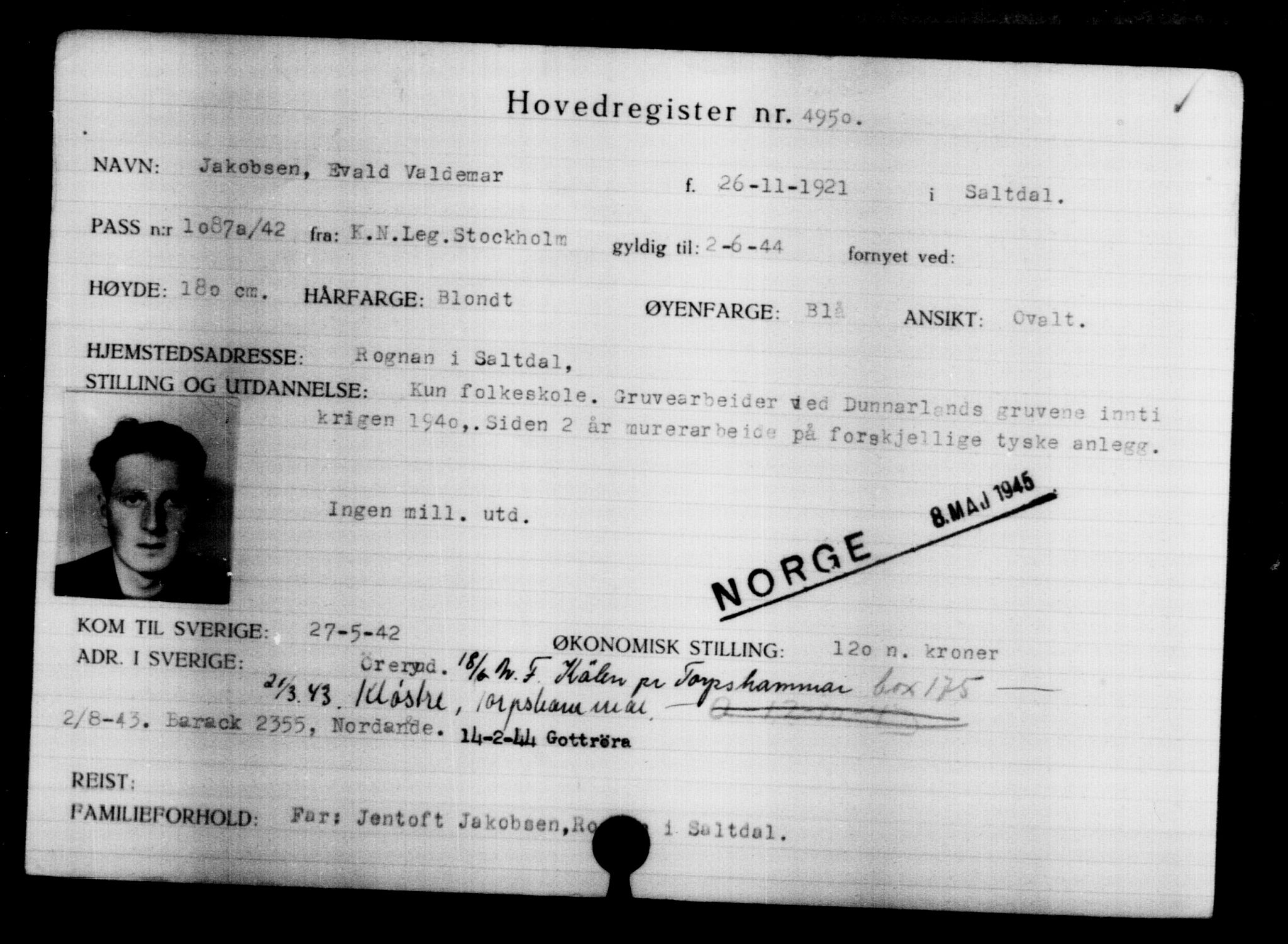 Utenriksstasjonene, Legasjonen i Stockholm, Flyktningkontoret, AV/RA-S-6753/V/Va/L0004: Kjesäterkartoteket, flyktninger med registreringsnr. 3496-6610, 1940-1945, p. 1727