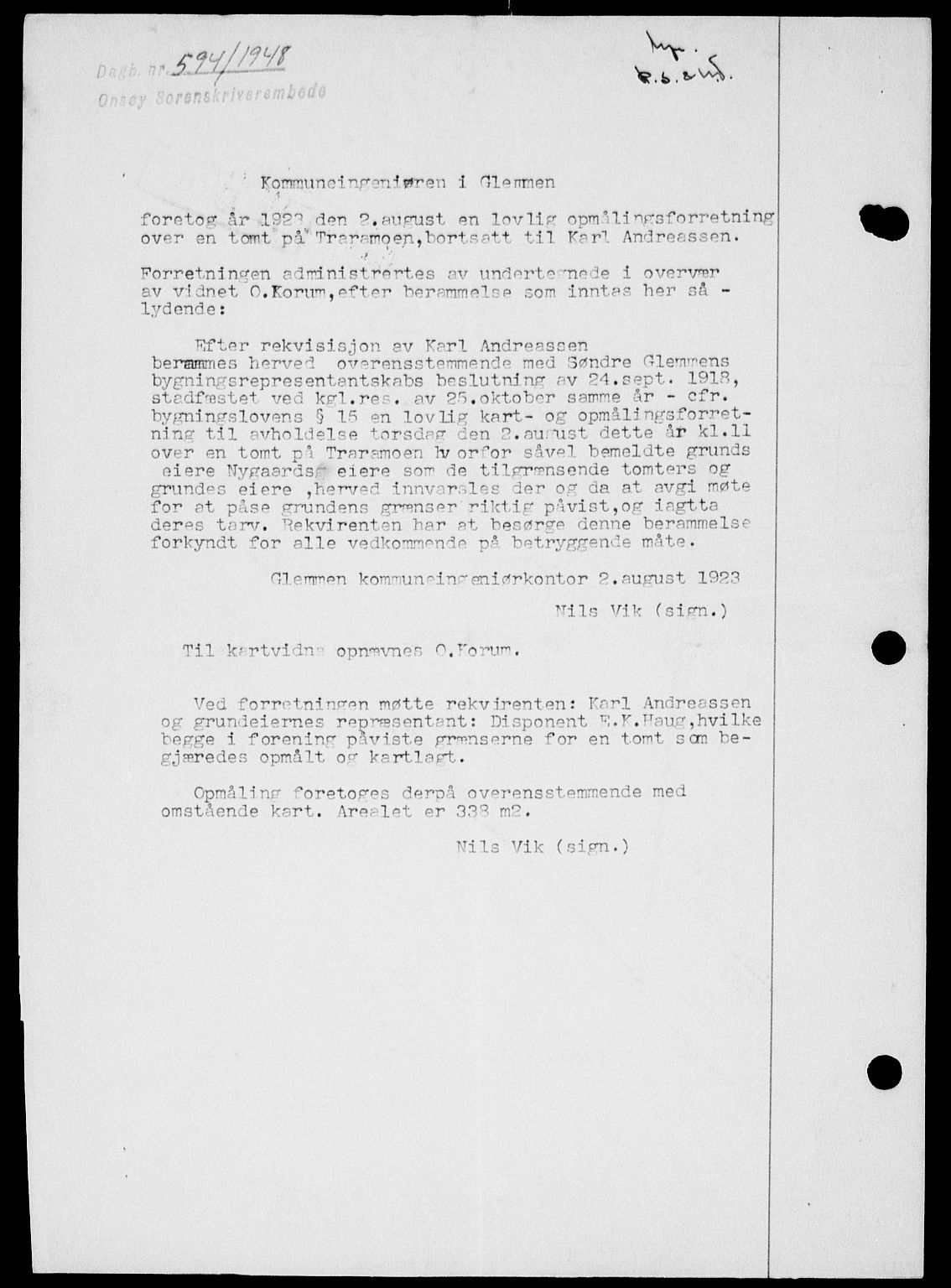 Onsøy sorenskriveri, SAO/A-10474/G/Ga/Gab/L0022: Mortgage book no. II A-22, 1947-1948, Diary no: : 594/1948