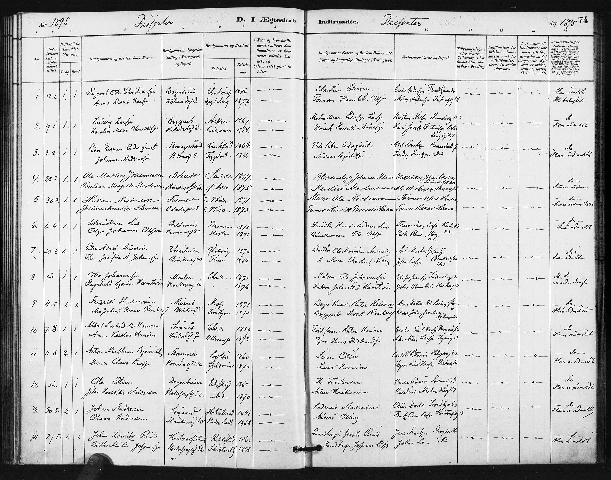 Kampen prestekontor Kirkebøker, AV/SAO-A-10853/F/Fa/L0006: Parish register (official) no. I 6, 1889-1896, p. 74