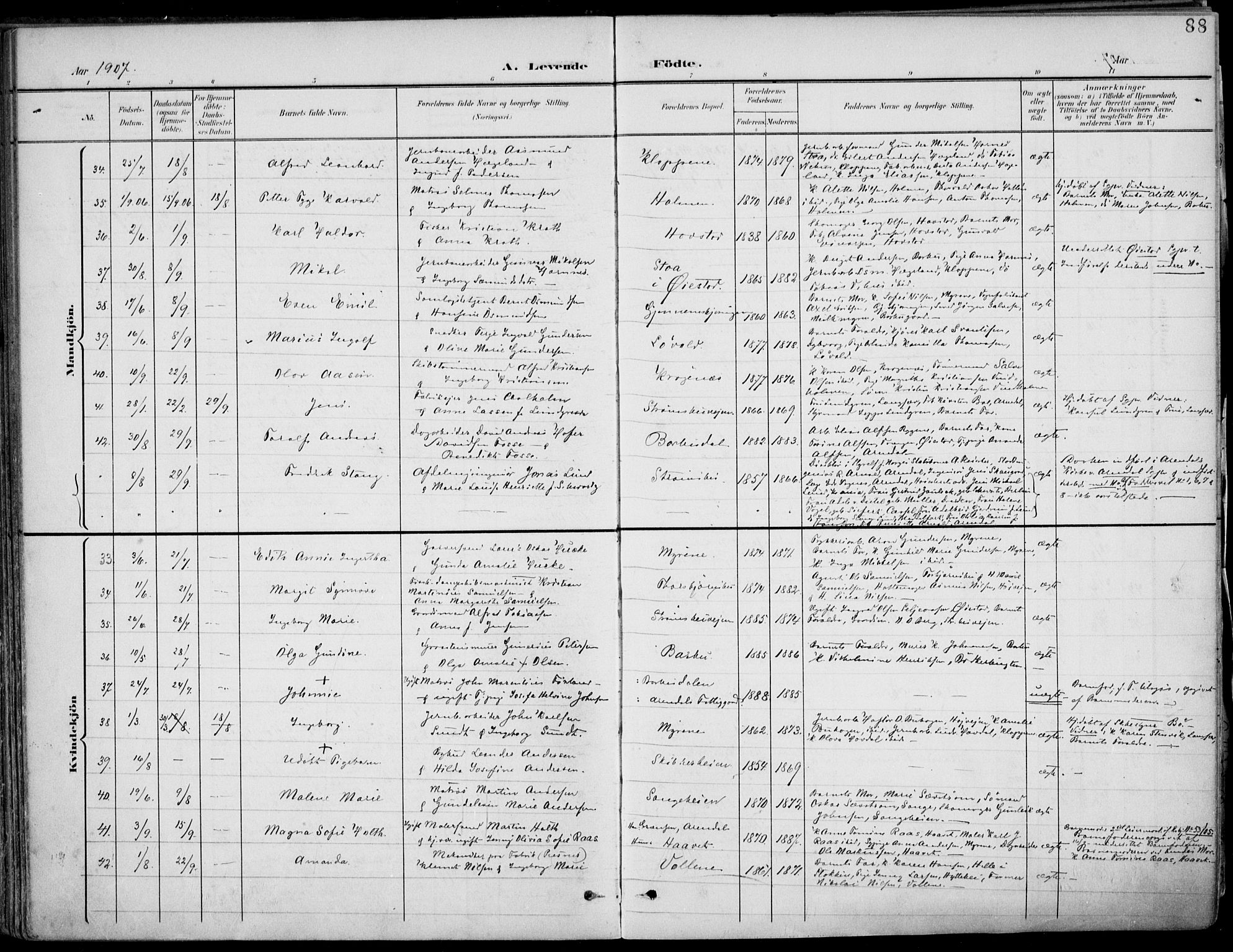 Barbu sokneprestkontor, AV/SAK-1111-0003/F/Fa/L0005: Parish register (official) no. A 5, 1899-1909, p. 88