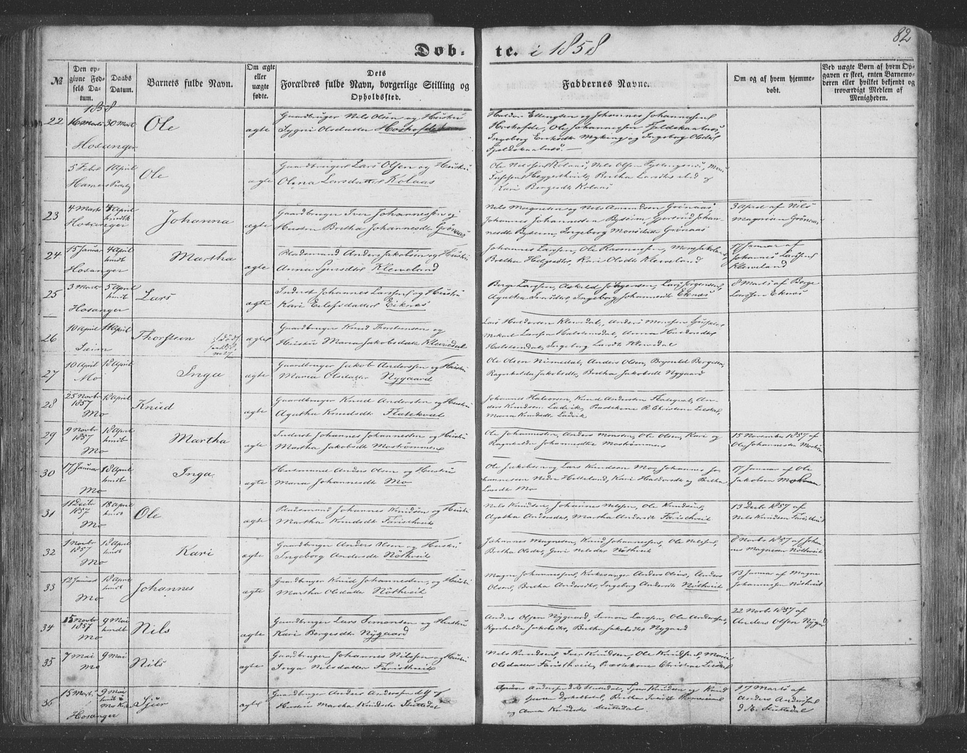 Hosanger sokneprestembete, AV/SAB-A-75801/H/Haa: Parish register (official) no. A 8, 1849-1863, p. 82