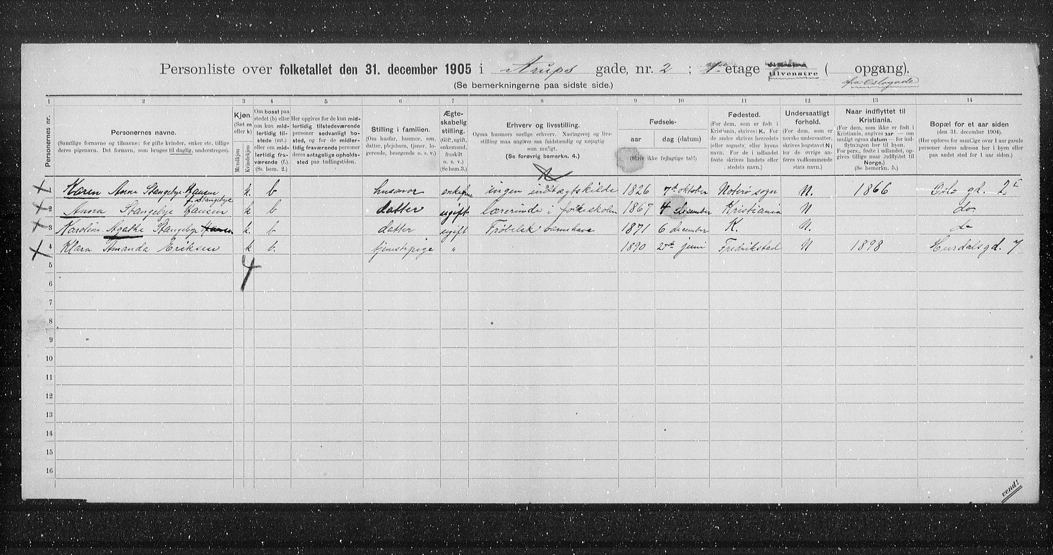 OBA, Municipal Census 1905 for Kristiania, 1905, p. 1109