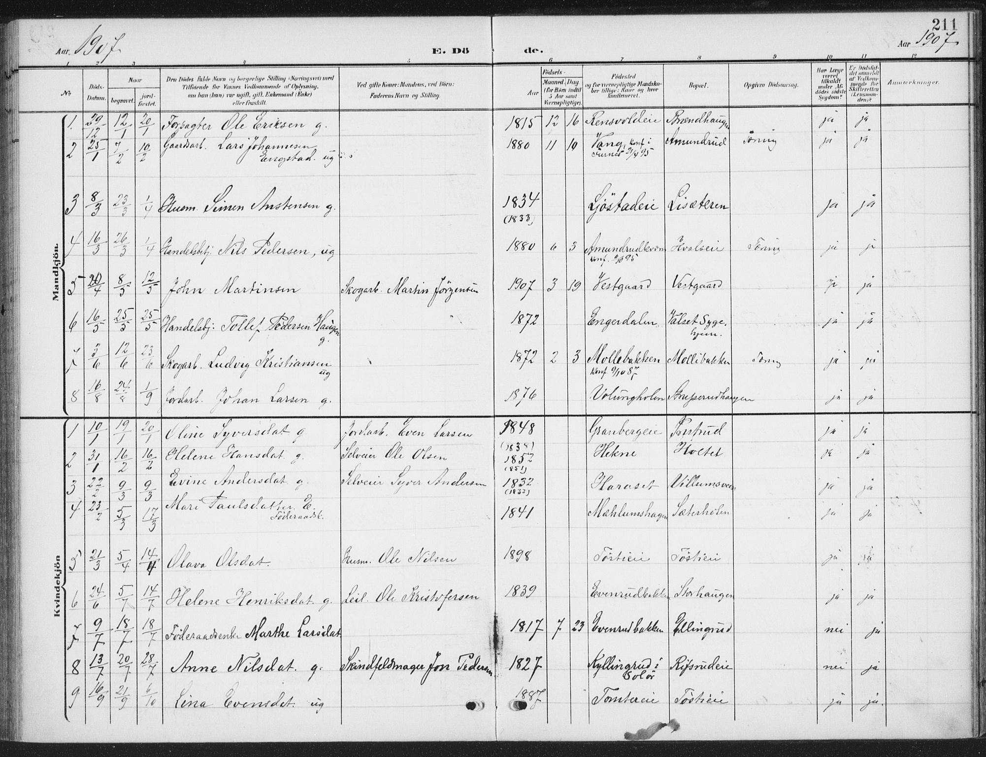 Romedal prestekontor, AV/SAH-PREST-004/K/L0009: Parish register (official) no. 9, 1906-1929, p. 211