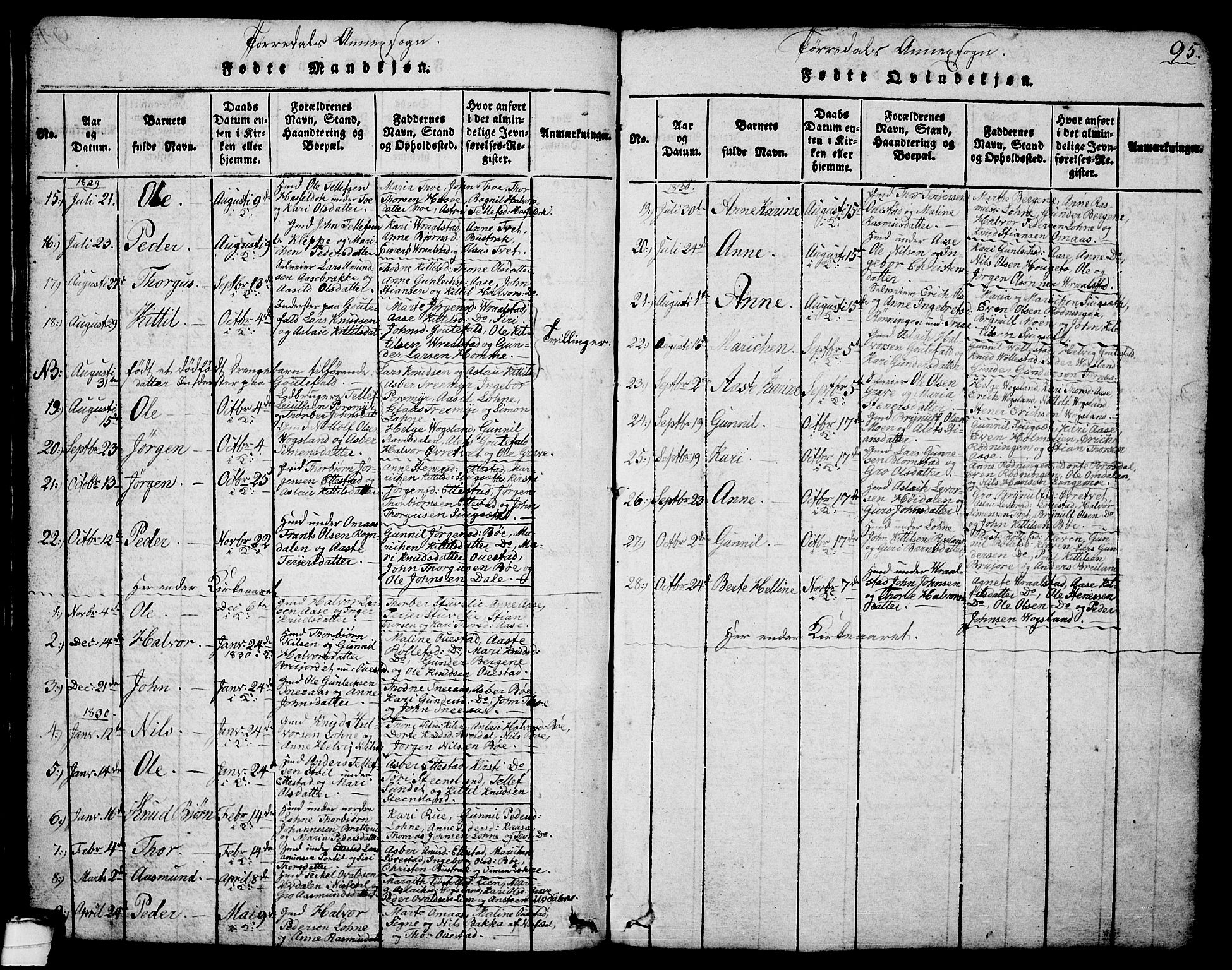 Drangedal kirkebøker, SAKO/A-258/G/Ga/L0001: Parish register (copy) no. I 1 /2, 1814-1856, p. 95