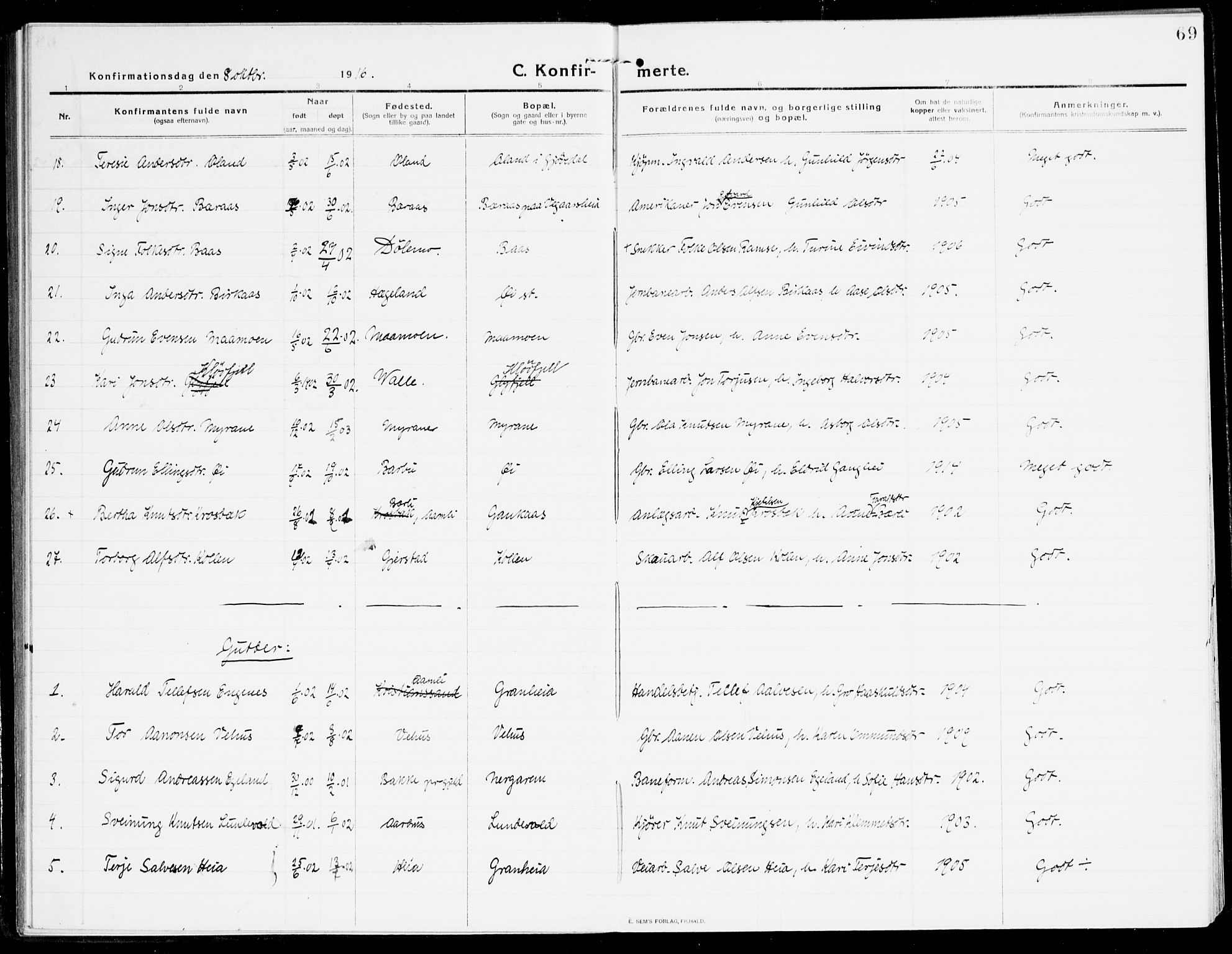 Åmli sokneprestkontor, SAK/1111-0050/F/Fa/Fac/L0013: Parish register (official) no. A 13, 1914-1933, p. 69