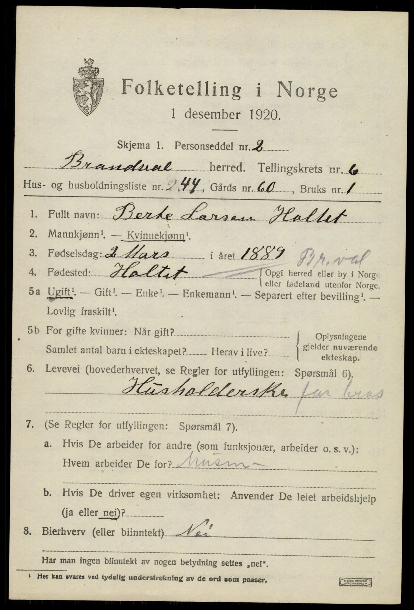 SAH, 1920 census for Brandval, 1920, p. 5766