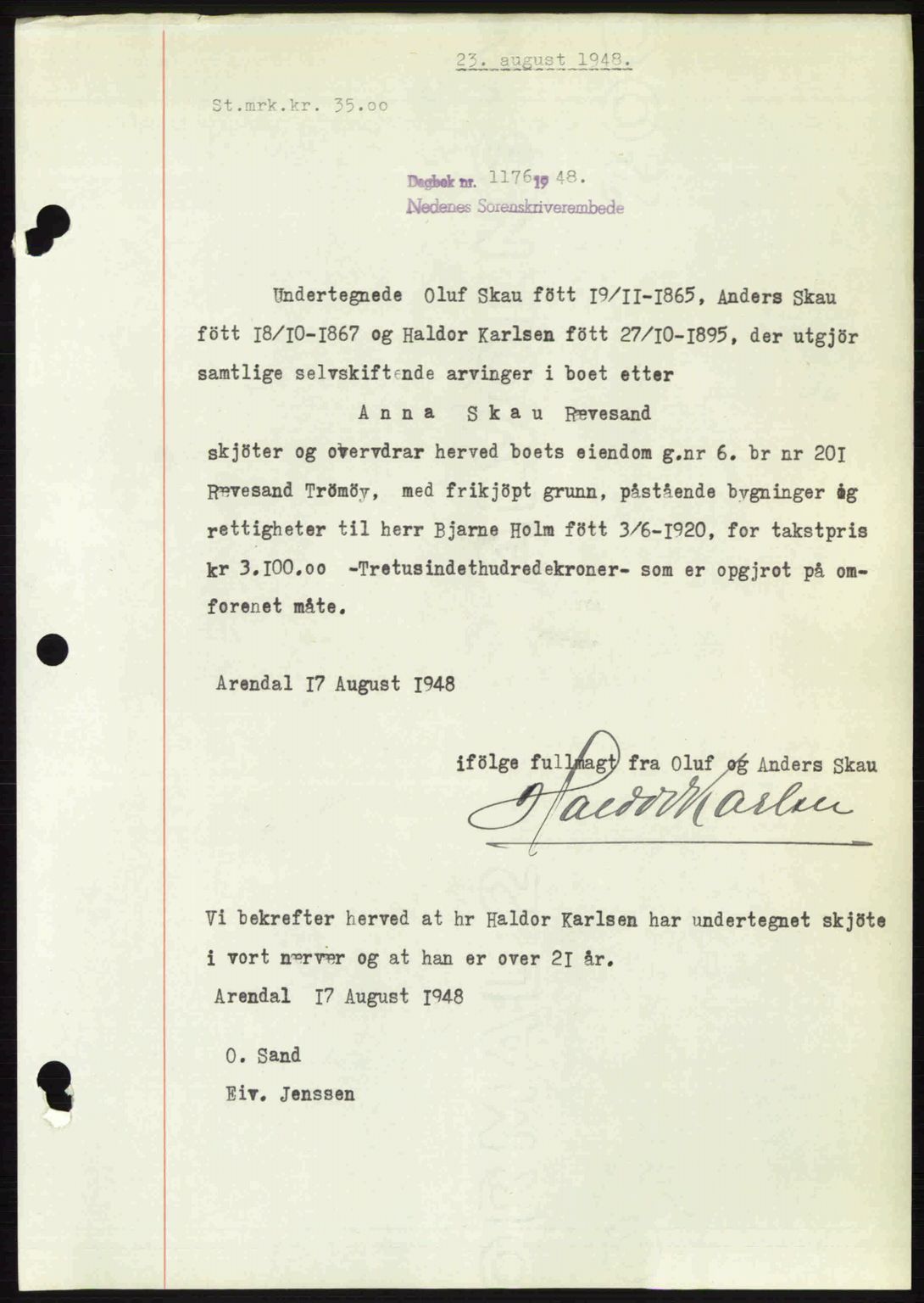Nedenes sorenskriveri, AV/SAK-1221-0006/G/Gb/Gba/L0059: Mortgage book no. A11, 1948-1948, Diary no: : 1176/1948