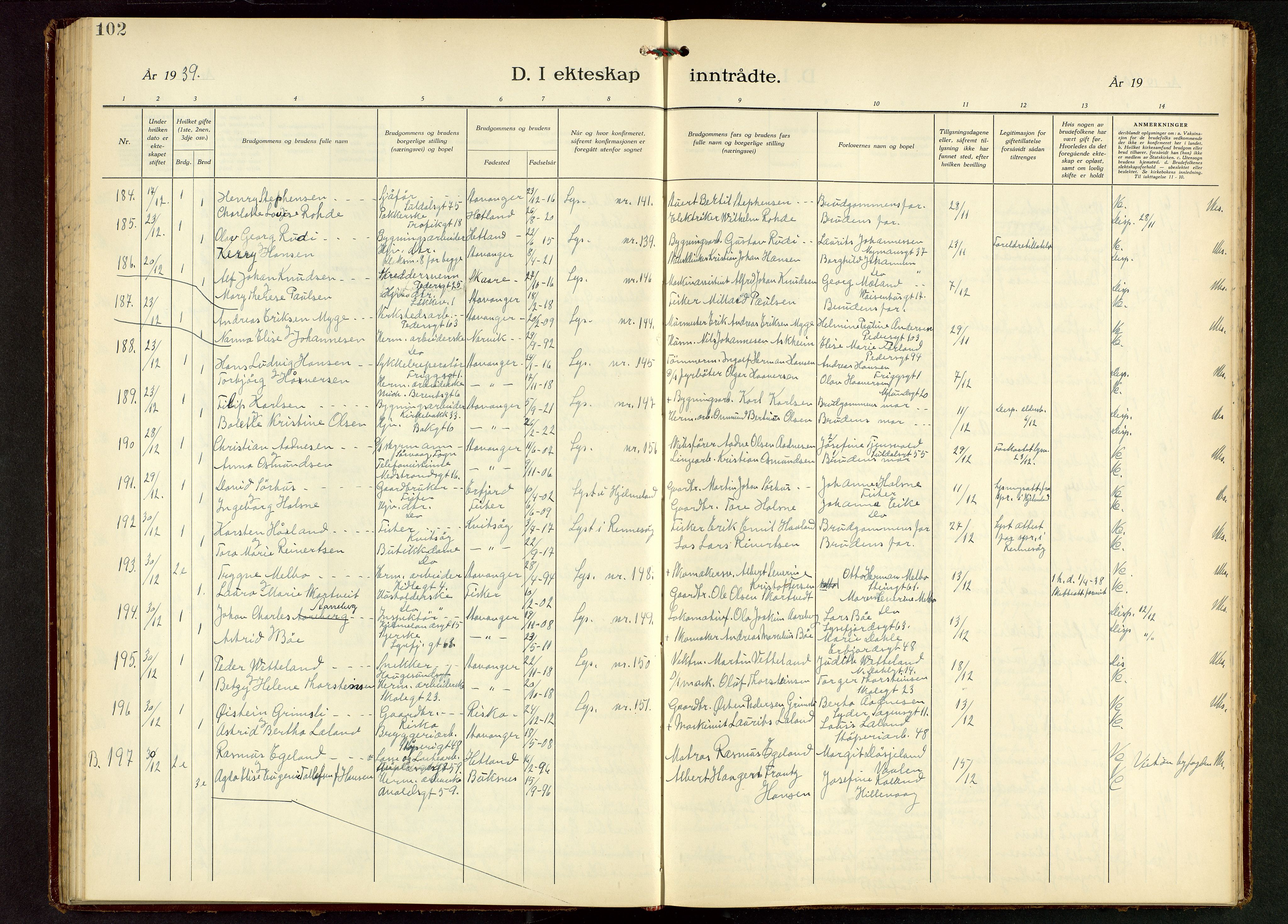 St. Johannes sokneprestkontor, SAST/A-101814/001/30/30BB/L0010: Parish register (copy) no. B 10, 1933-1946, p. 102