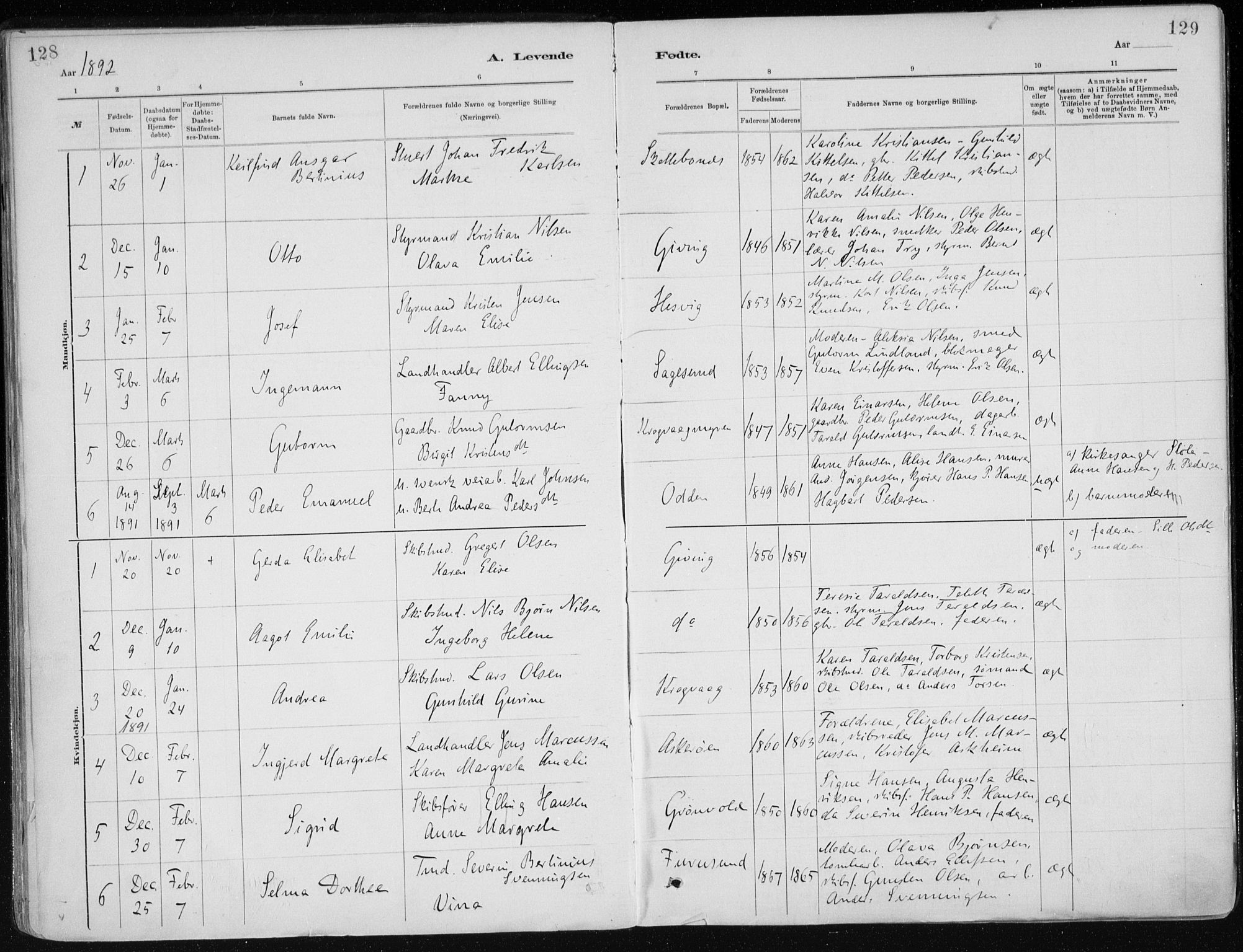 Dypvåg sokneprestkontor, SAK/1111-0007/F/Fa/Faa/L0008: Parish register (official) no. A 8, 1885-1906, p. 128-129