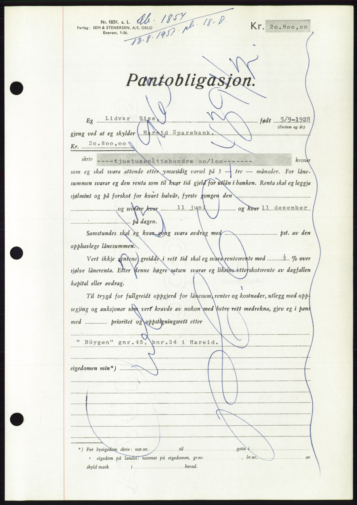 Søre Sunnmøre sorenskriveri, AV/SAT-A-4122/1/2/2C/L0130: Mortgage book no. 18B, 1957-1958, Diary no: : 1854/1957