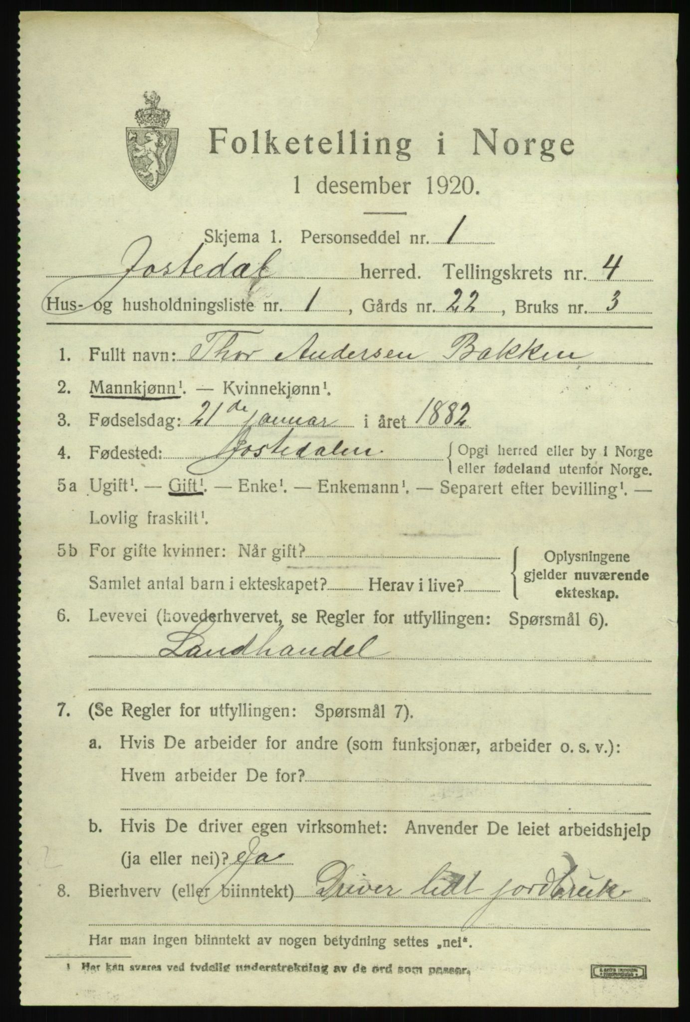 SAB, 1920 census for Jostedal, 1920, p. 1518