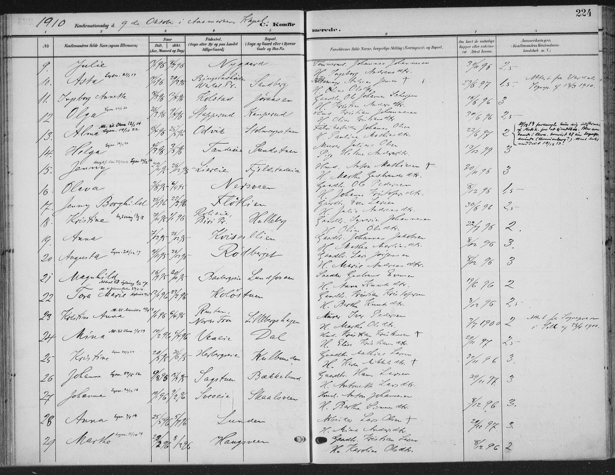 Ringsaker prestekontor, SAH/PREST-014/K/Ka/L0018: Parish register (official) no. 18, 1903-1912, p. 224