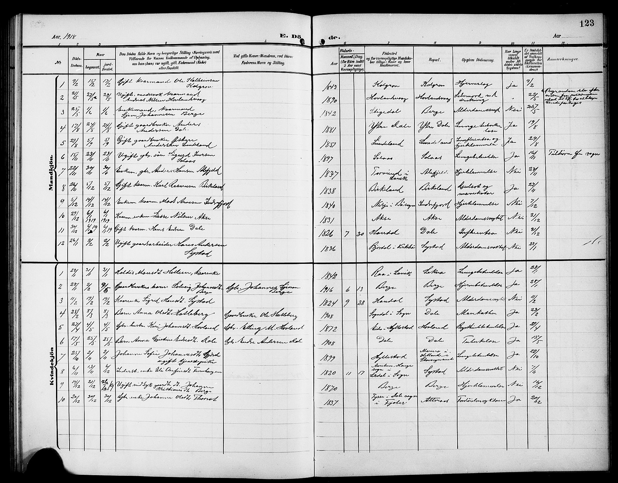 Hyllestad sokneprestembete, SAB/A-80401: Parish register (copy) no. A 3, 1906-1925, p. 123