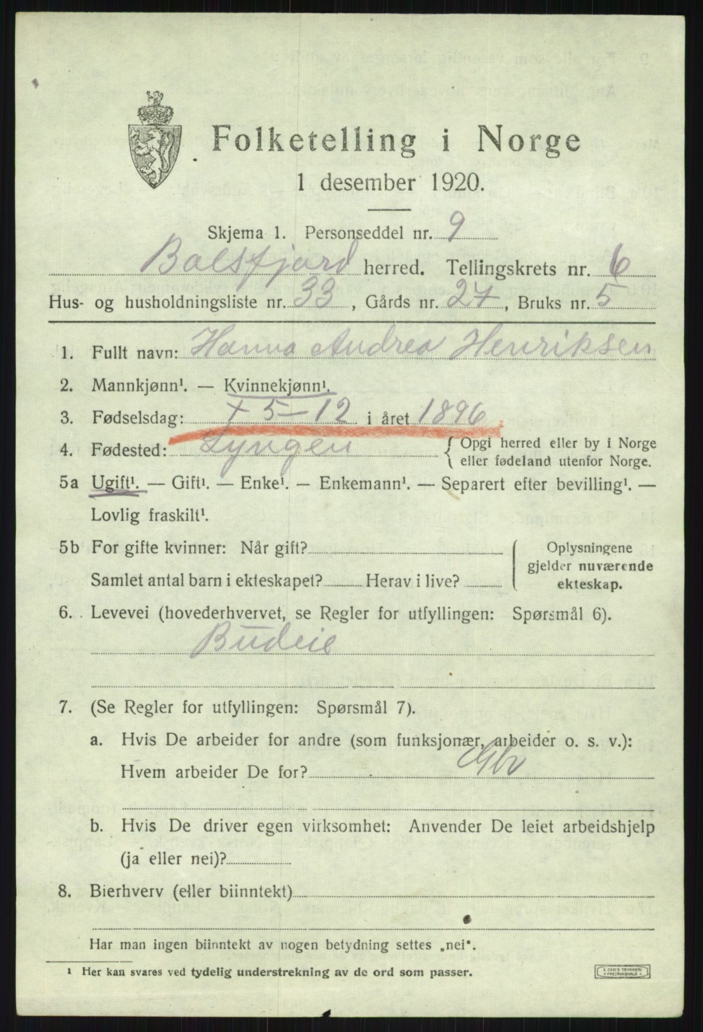 SATØ, 1920 census for Balsfjord, 1920, p. 4154
