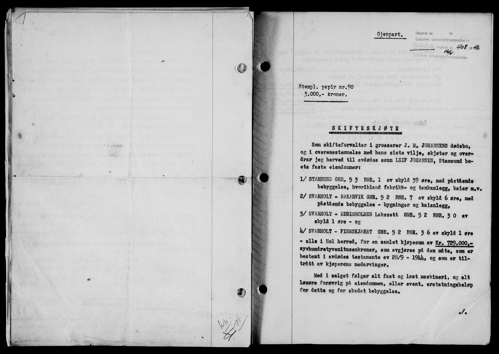 Lofoten sorenskriveri, SAT/A-0017/1/2/2C/L0013a: Mortgage book no. 13a, 1944-1946, Diary no: : 408/1946