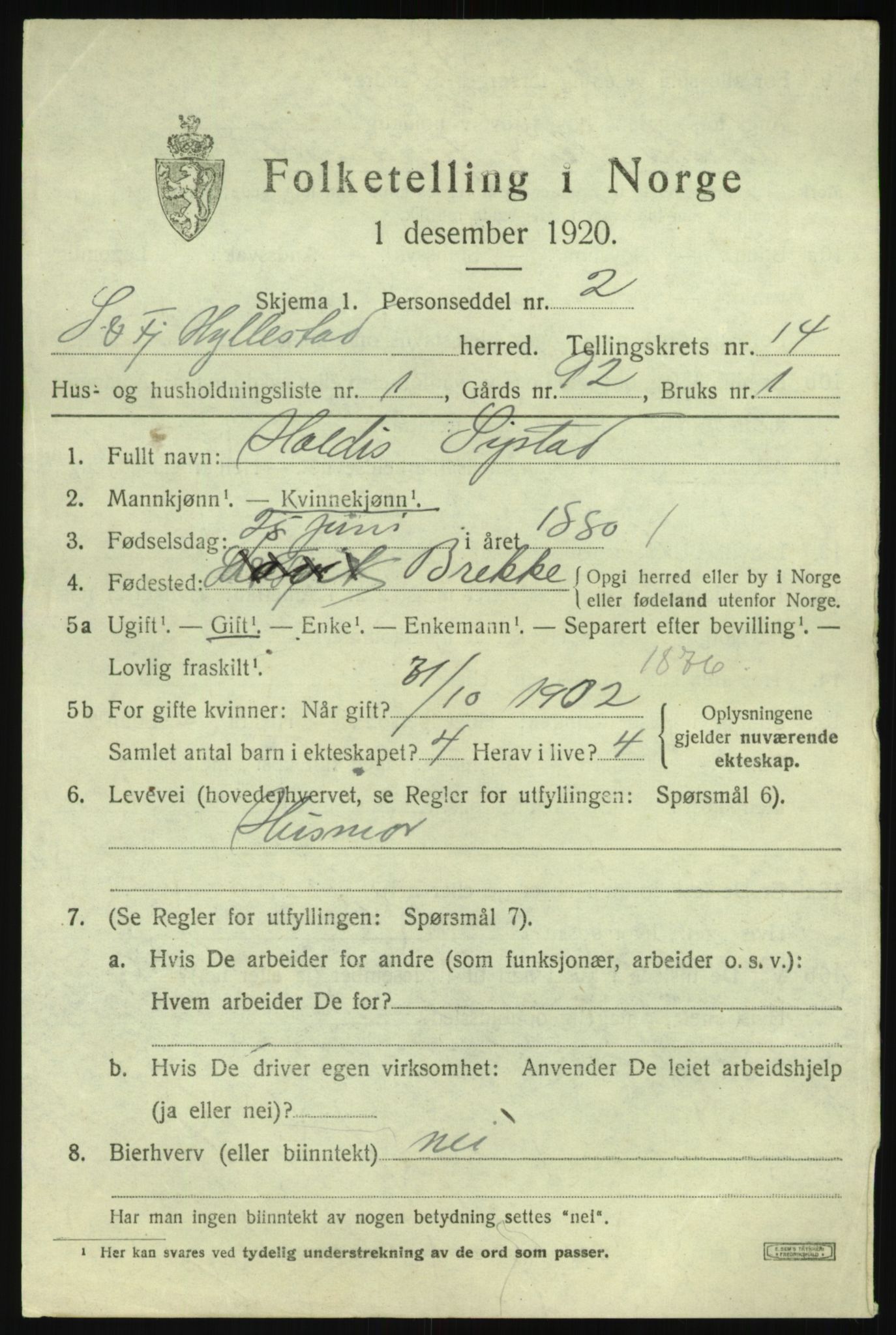 SAB, 1920 census for Hyllestad, 1920, p. 5096