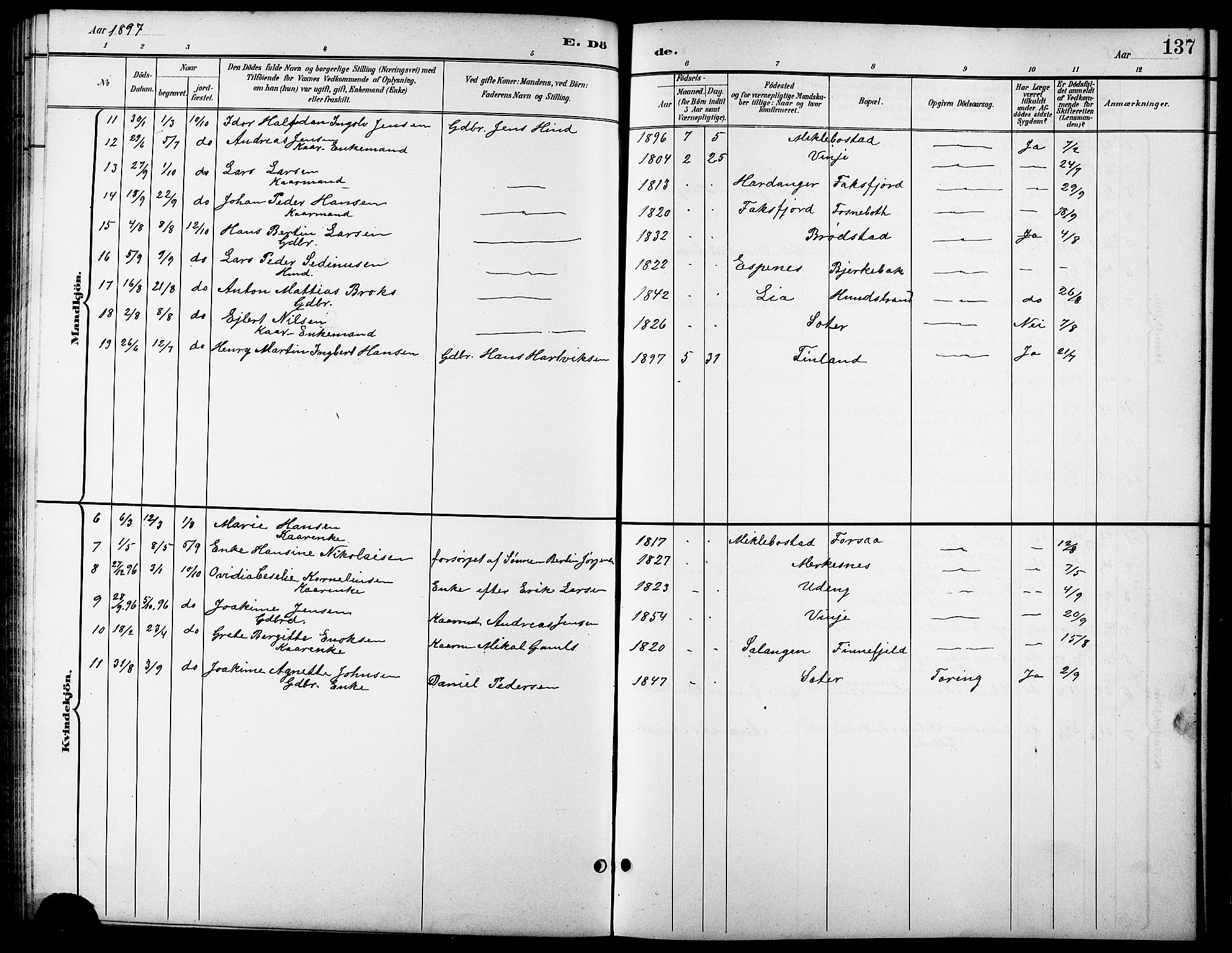Tranøy sokneprestkontor, SATØ/S-1313/I/Ia/Iab/L0014klokker: Parish register (copy) no. 14, 1896-1918, p. 137