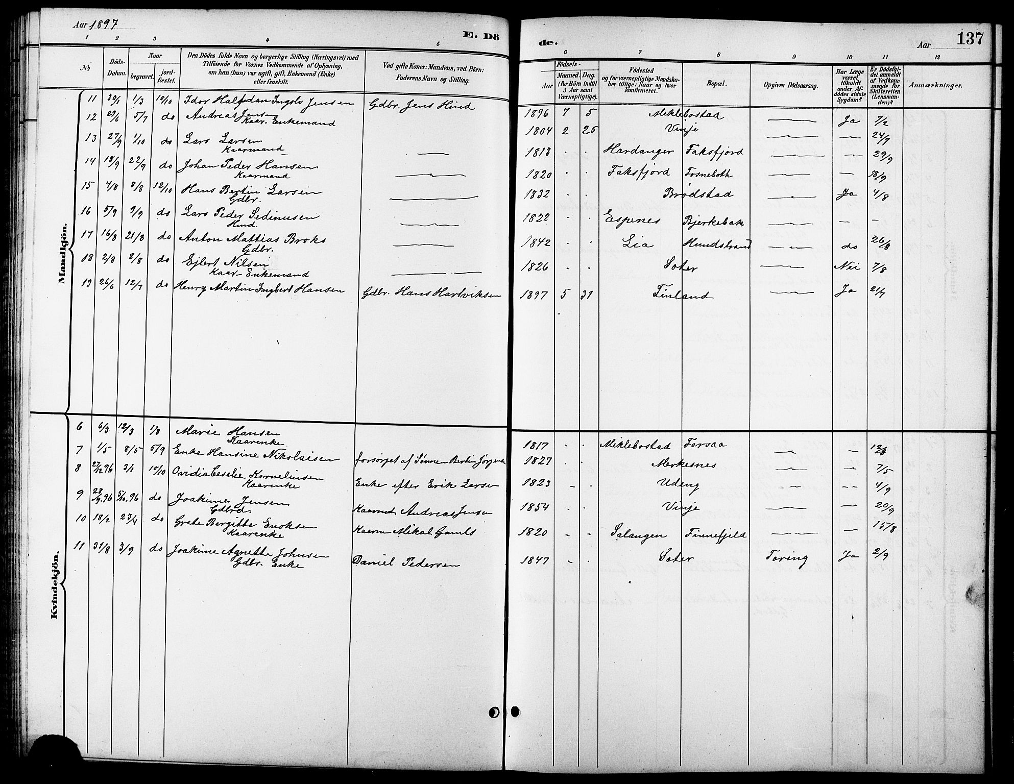 Tranøy sokneprestkontor, AV/SATØ-S-1313/I/Ia/Iab/L0014klokker: Parish register (copy) no. 14, 1896-1918, p. 137